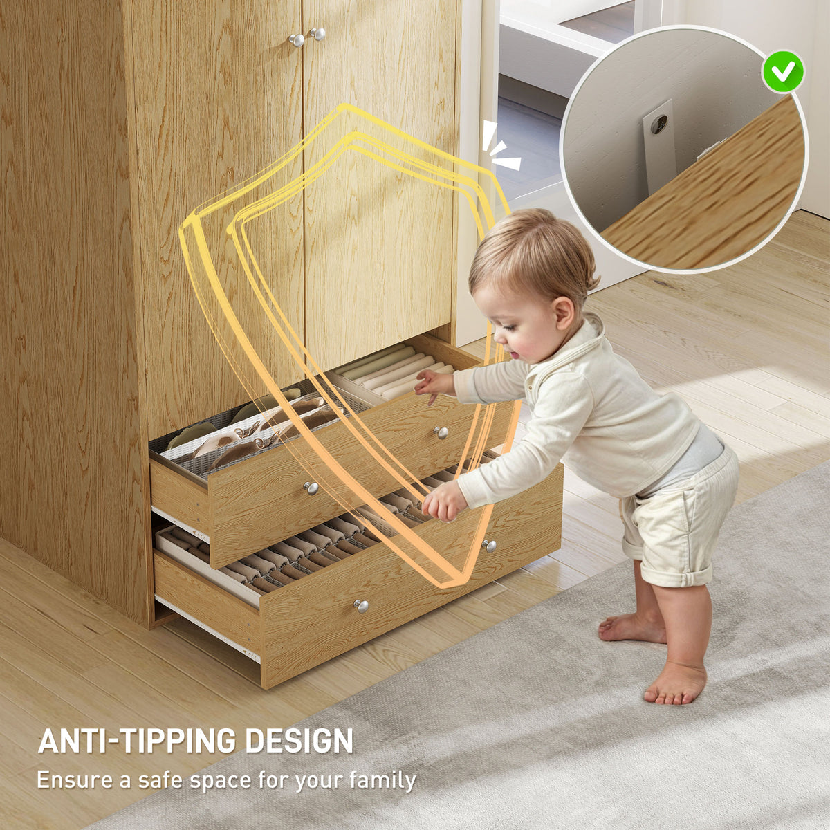 Modern Wardrobe Closet - 2 Drawers & Hanging Rod Natural Wood-Armoires & Wardrobes-DECOROLALA