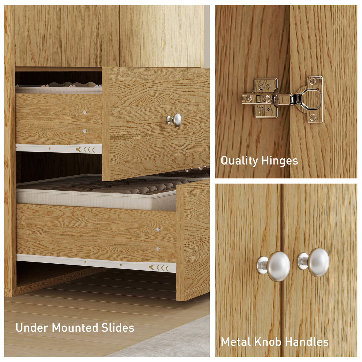 Modern Wardrobe Closet - 2 Drawers & Hanging Rod Natural Wood-Armoires & Wardrobes-DECOROLALA