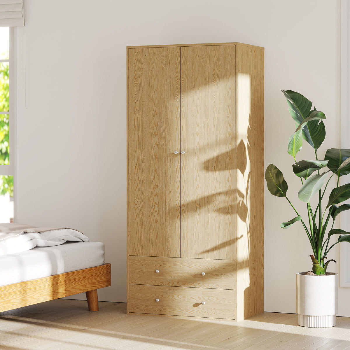 Modern Wardrobe Closet - 2 Drawers & Hanging Rod Natural Wood-Armoires & Wardrobes-DECOROLALA