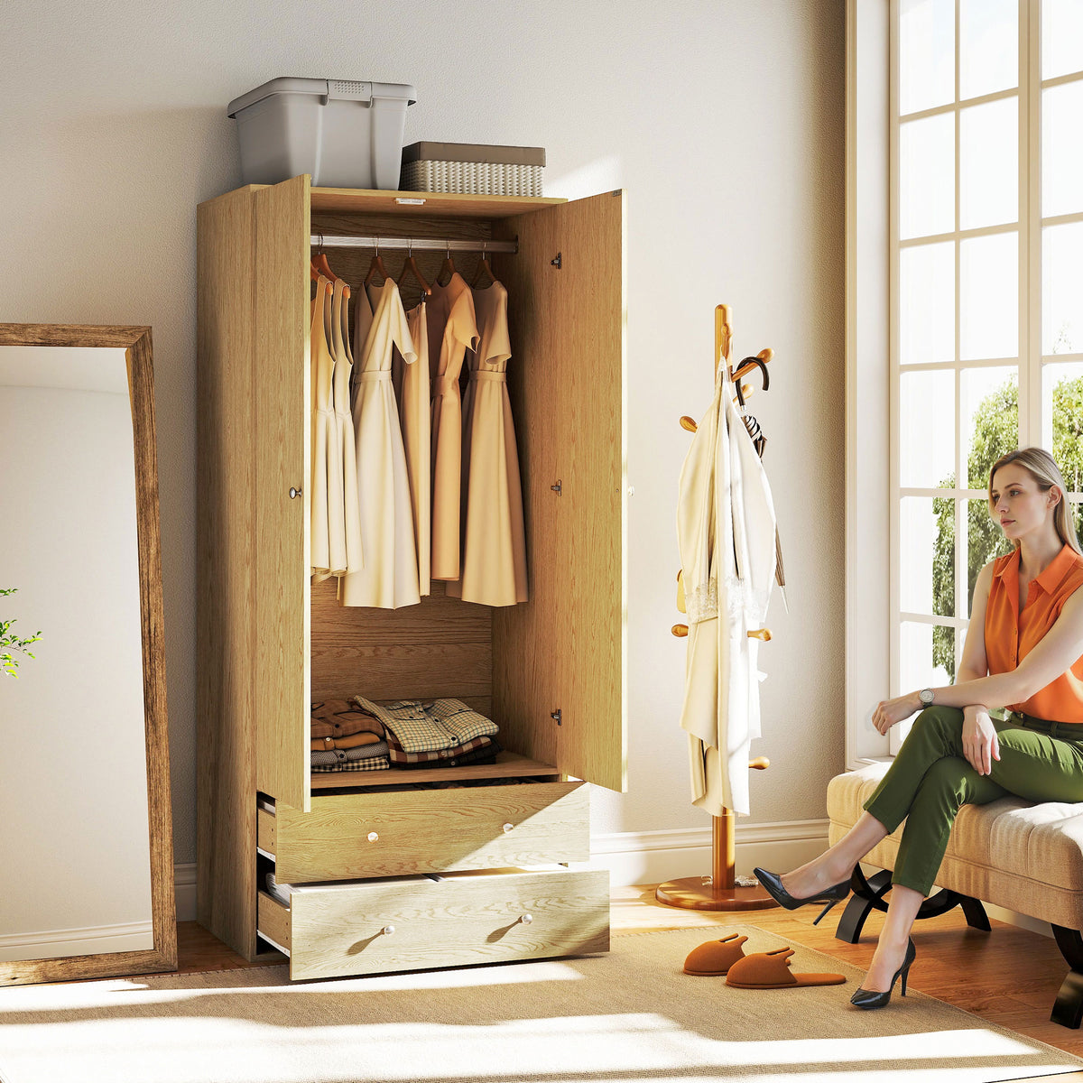Modern Wardrobe Closet - 2 Drawers & Hanging Rod Natural Wood-Armoires & Wardrobes-DECOROLALA