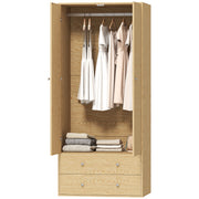 Modern Wardrobe Closet - 2 Drawers & Hanging Rod Natural Wood-Armoires & Wardrobes-DECOROLALA