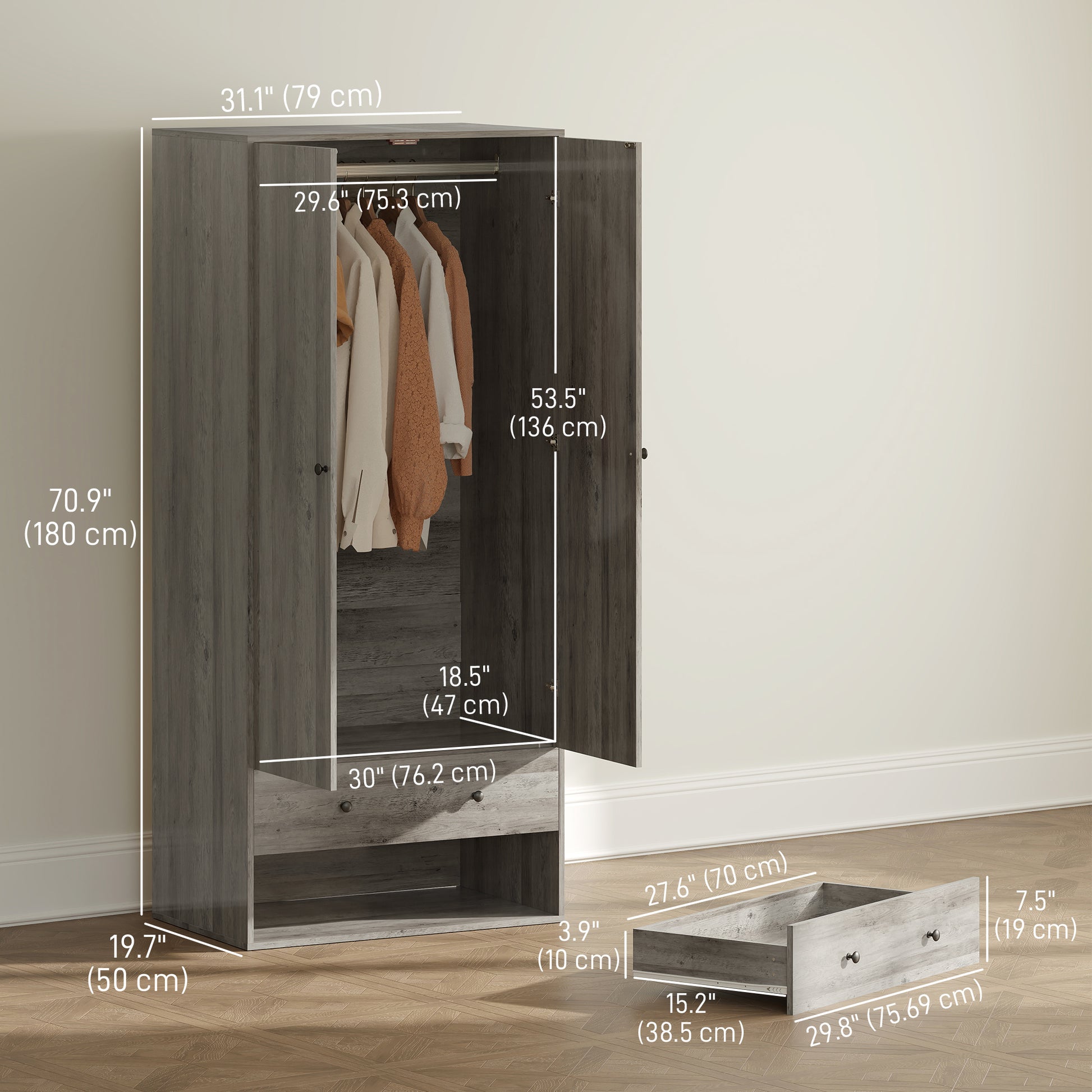 Modern Wardrobe Closet - Grey 2-Drawer Armoire 71" H-DECOROLALA