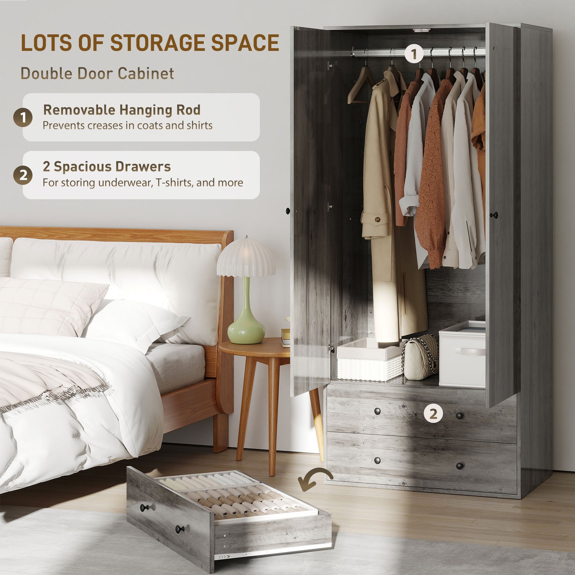 Modern Wardrobe Closet - Grey 2-Drawer Armoire 71" H-DECOROLALA