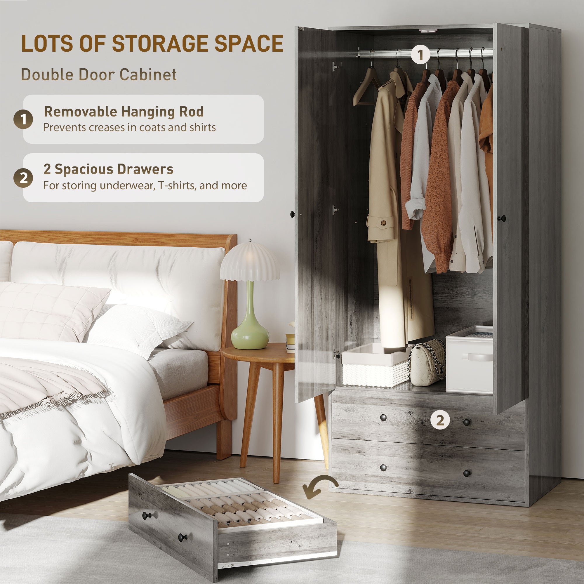 Modern Wardrobe Closet - Grey 2-Drawer Armoire 71" H-DECOROLALA