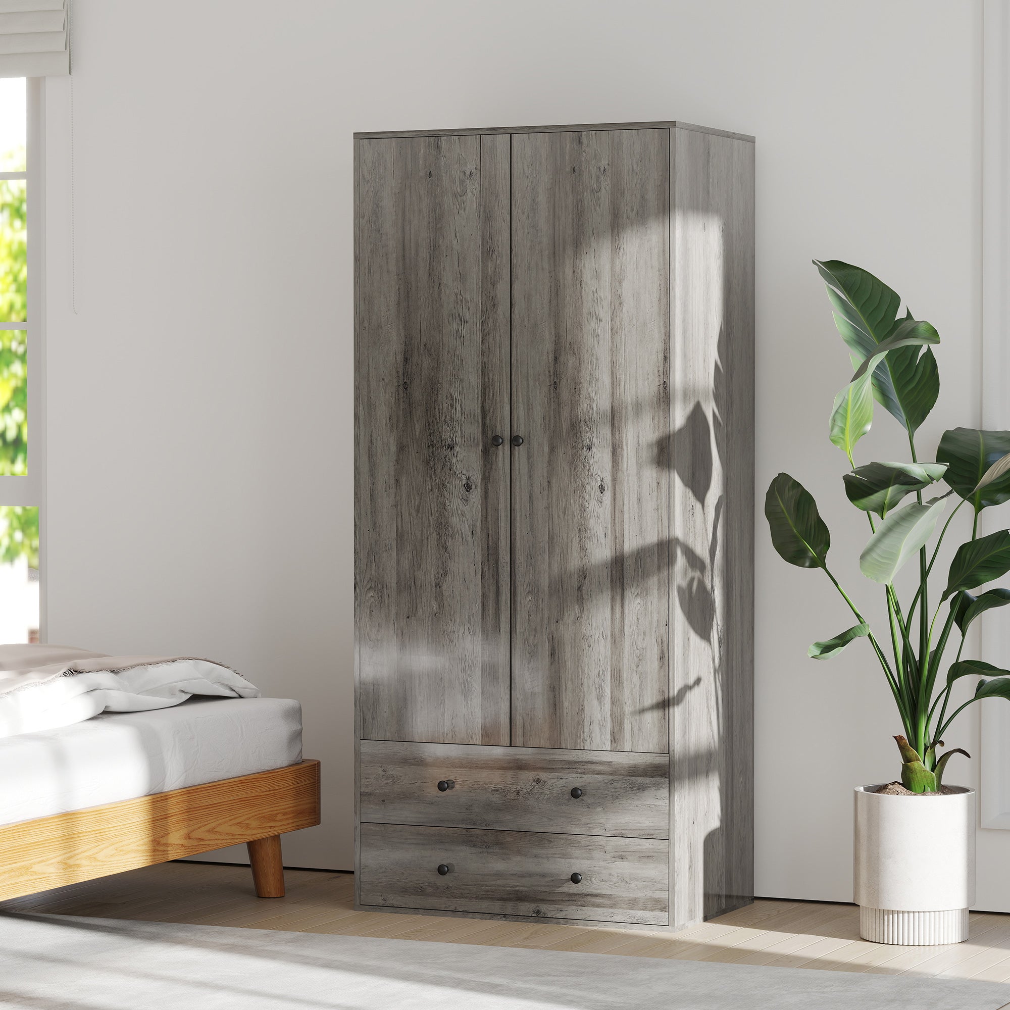 Modern Wardrobe Closet - Grey 2-Drawer Armoire 71" H-DECOROLALA