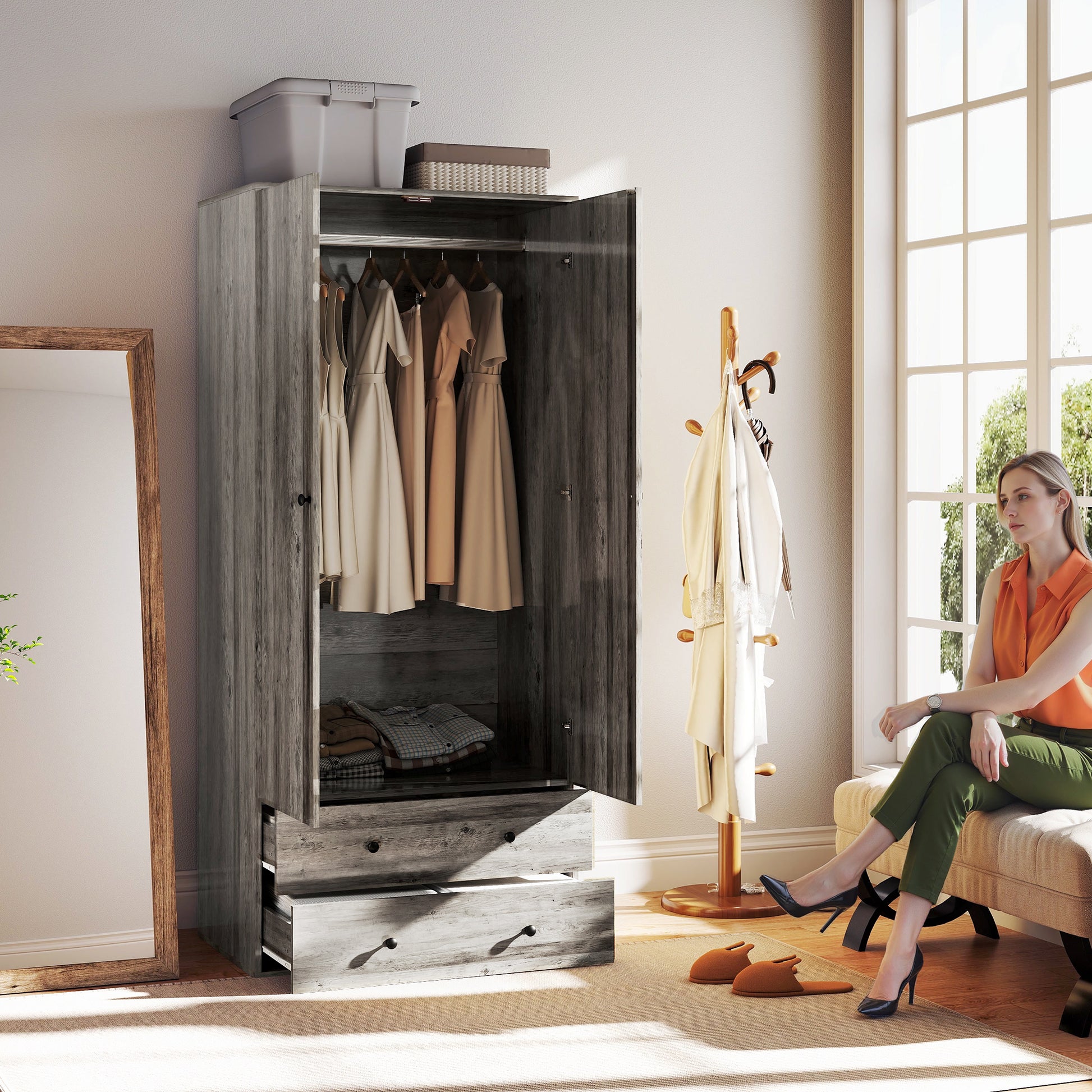 Modern Wardrobe Closet - Grey 2-Drawer Armoire 71" H-DECOROLALA