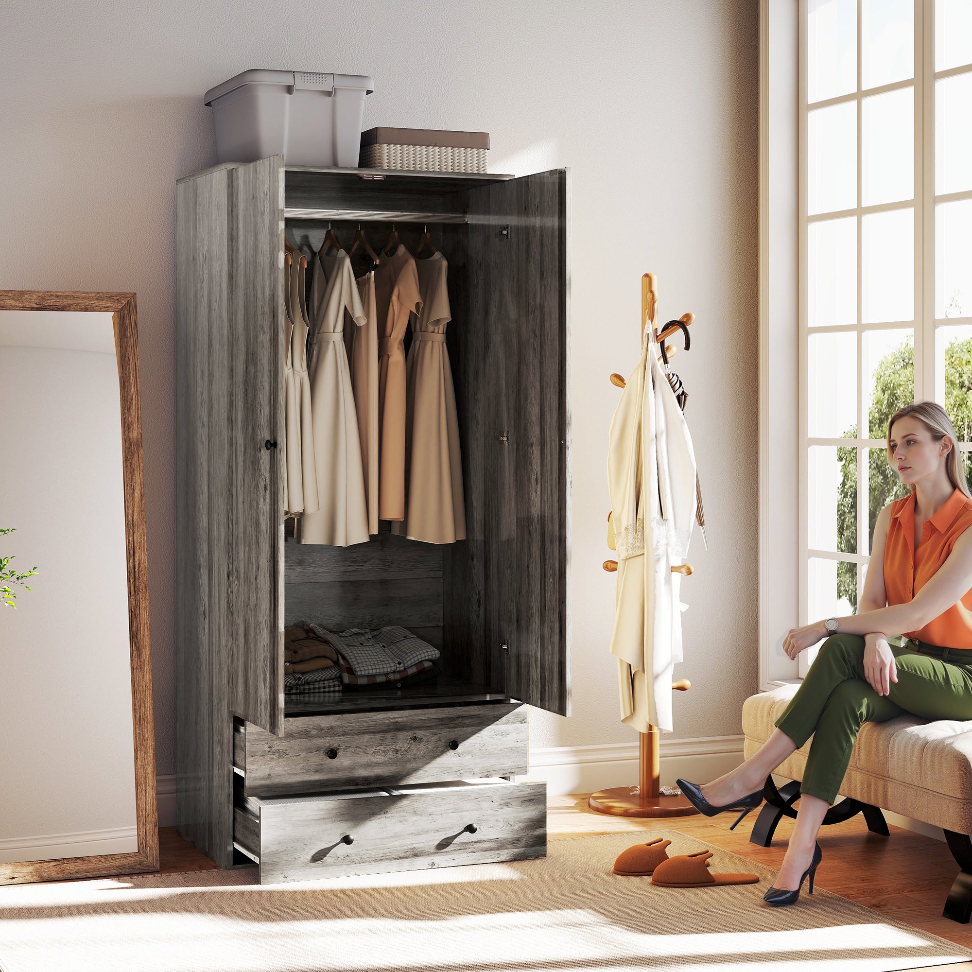 Modern Wardrobe Closet - Grey 2-Drawer Armoire 71" H-DECOROLALA