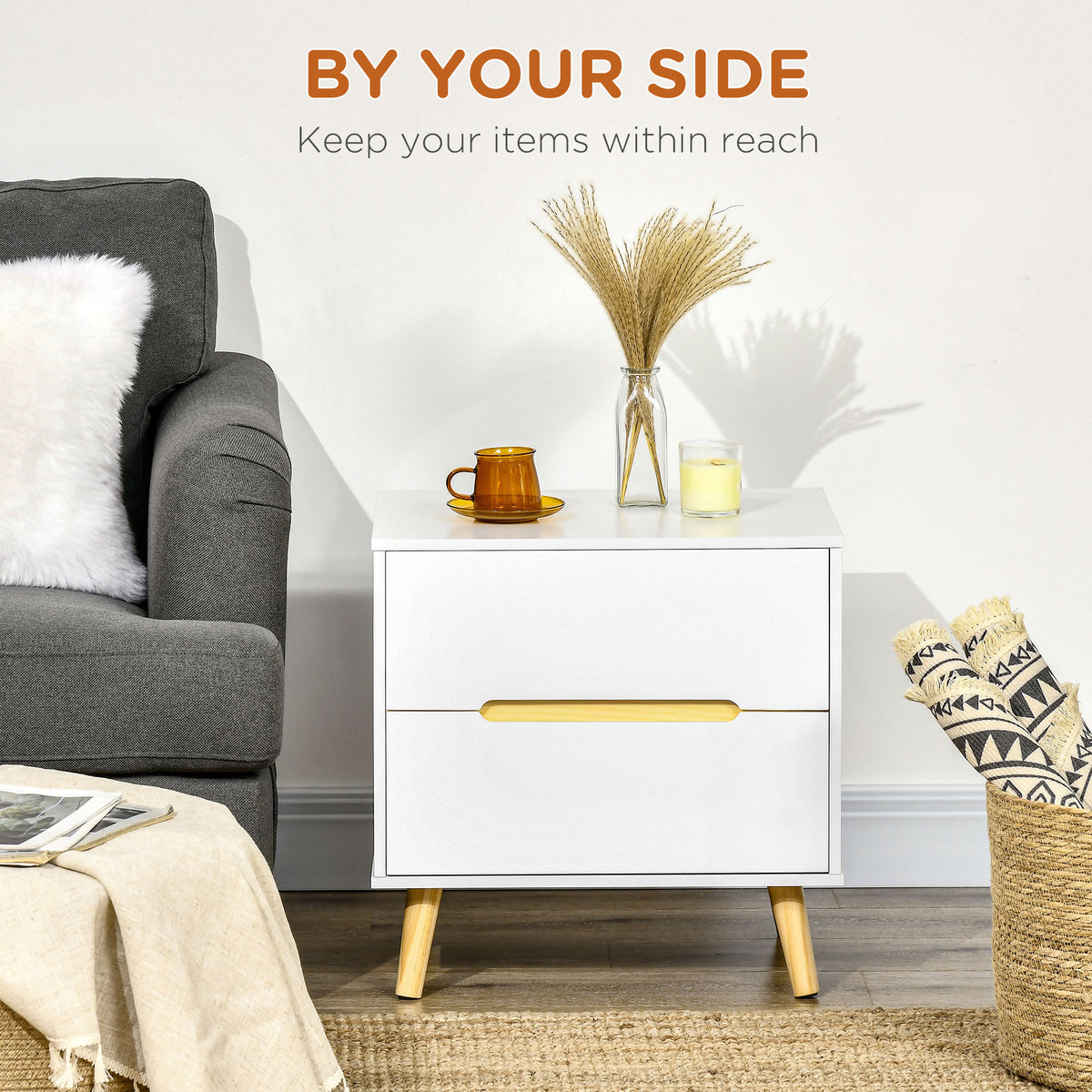 Modern White Nightstand - 2-Drawer Bedside Table with Wood Legs-Home Furnishings > Bedroom Furniture > Bedside Tables-DECOROLALA