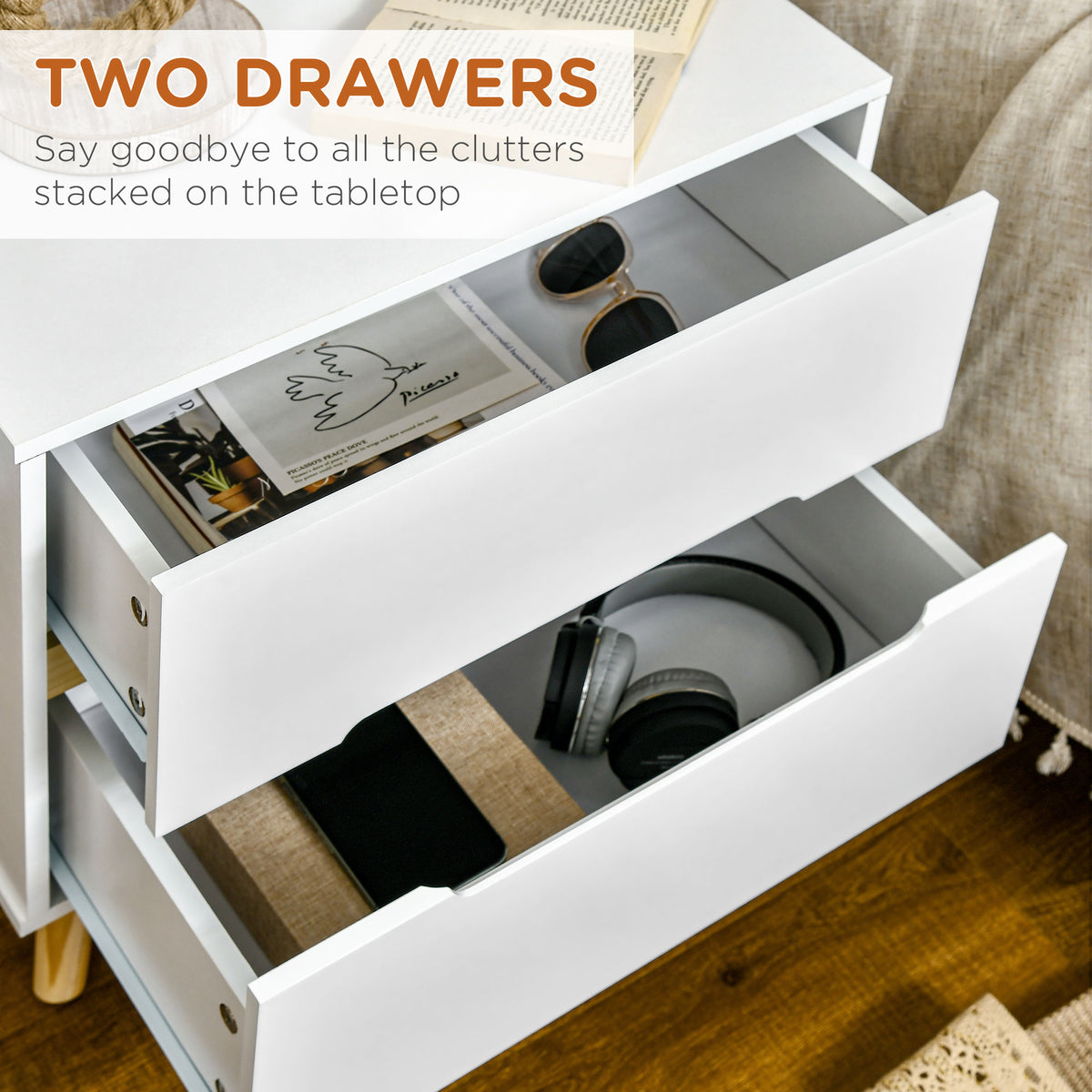 Modern White Nightstand - 2-Drawer Bedside Table with Wood Legs-Home Furnishings > Bedroom Furniture > Bedside Tables-DECOROLALA