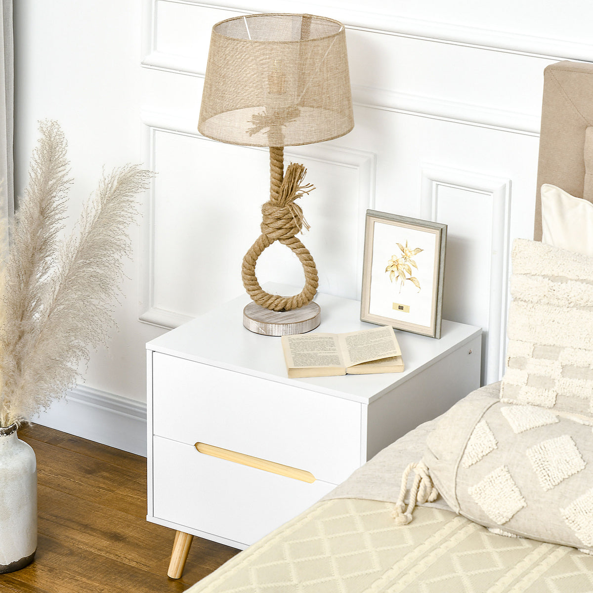 Modern White Nightstand - 2-Drawer Bedside Table with Wood Legs-Home Furnishings > Bedroom Furniture > Bedside Tables-DECOROLALA