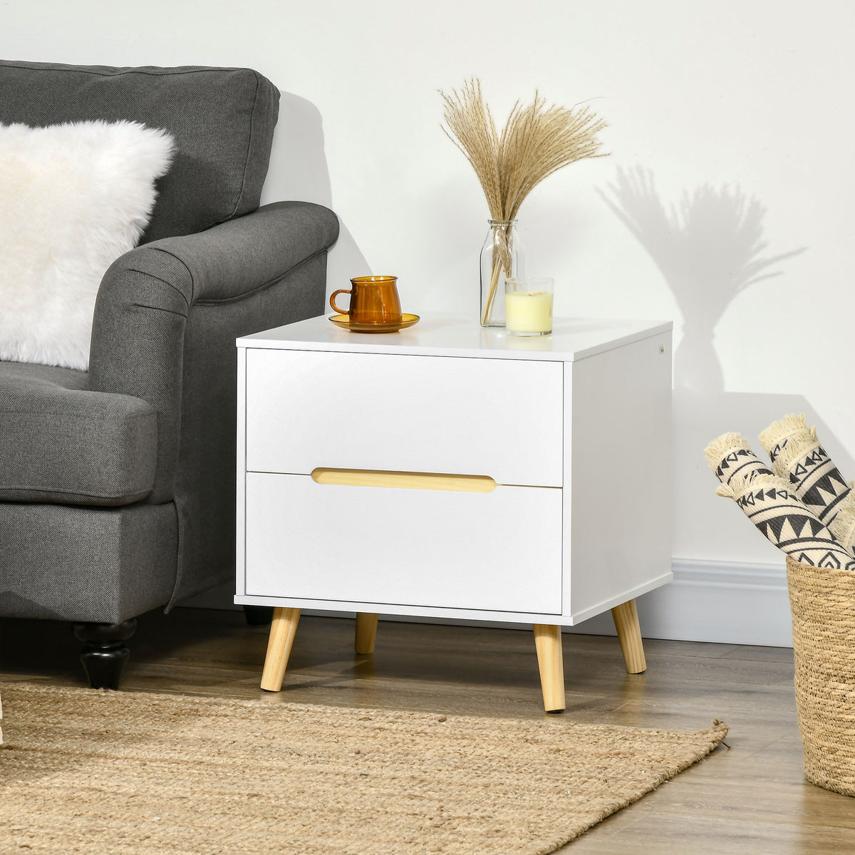 Modern White Nightstand - 2-Drawer Bedside Table with Wood Legs-Home Furnishings > Bedroom Furniture > Bedside Tables-DECOROLALA