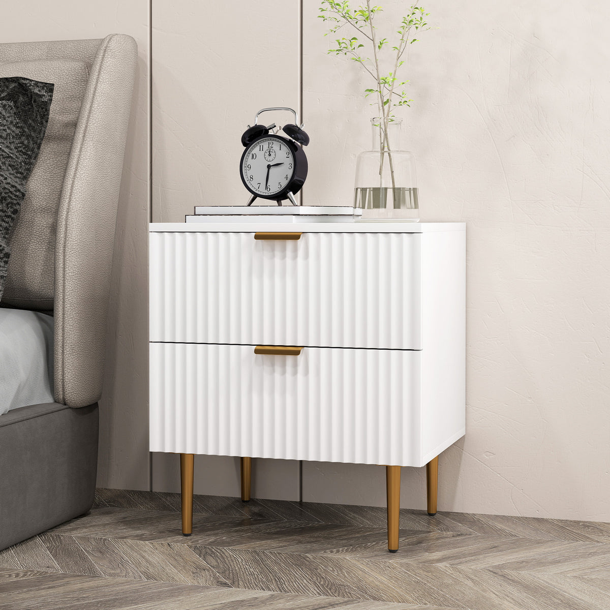 Modern White Nightstand - 2 Drawers with Gold Pulls-Home Furnishings > Bedroom Furniture > Bedside Tables-DECOROLALA