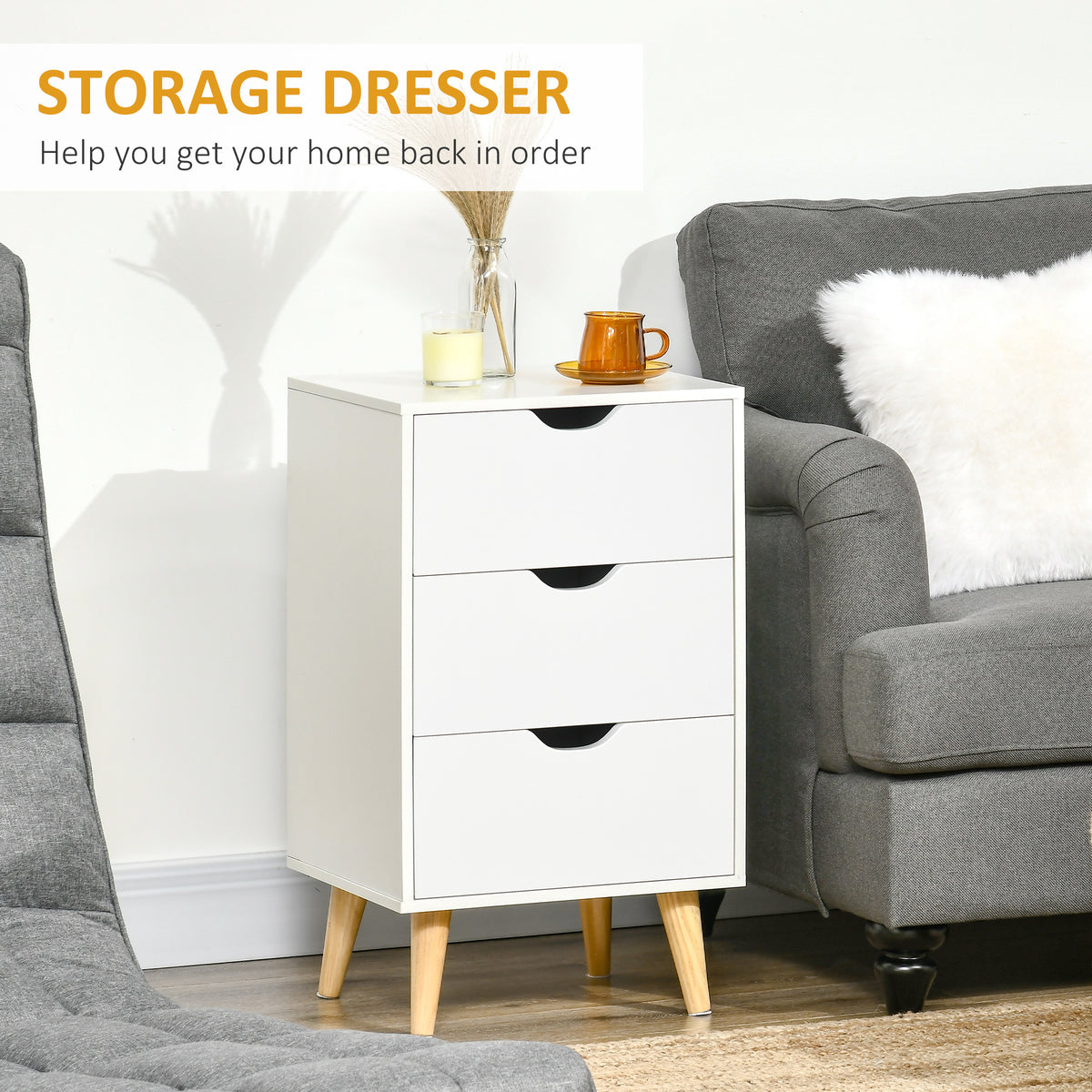 Modern White Nightstand - 3 Drawers with Wood Legs-Home Furnishings > Bedroom Furniture > Bedside Tables-DECOROLALA
