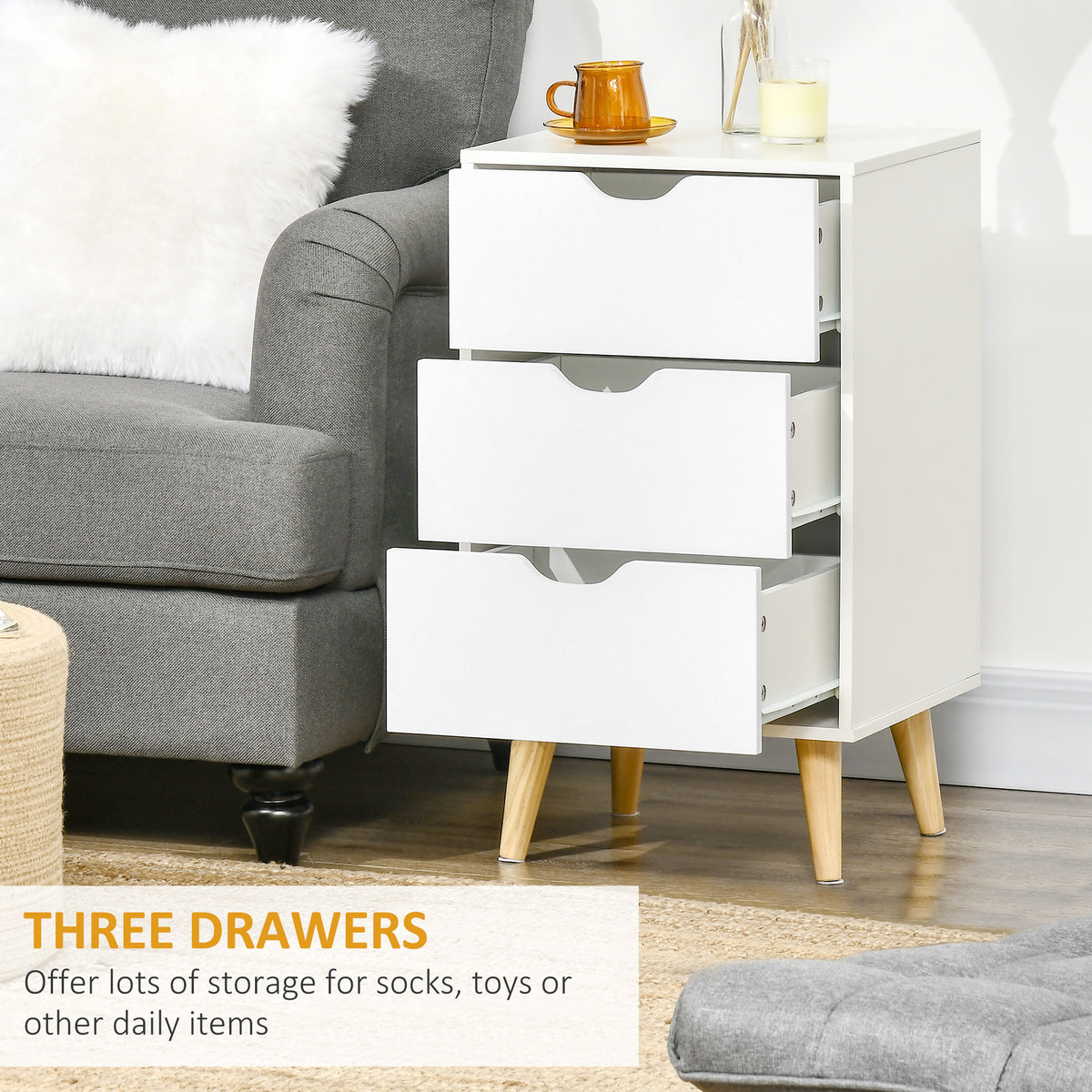 Modern White Nightstand - 3 Drawers with Wood Legs-Home Furnishings > Bedroom Furniture > Bedside Tables-DECOROLALA