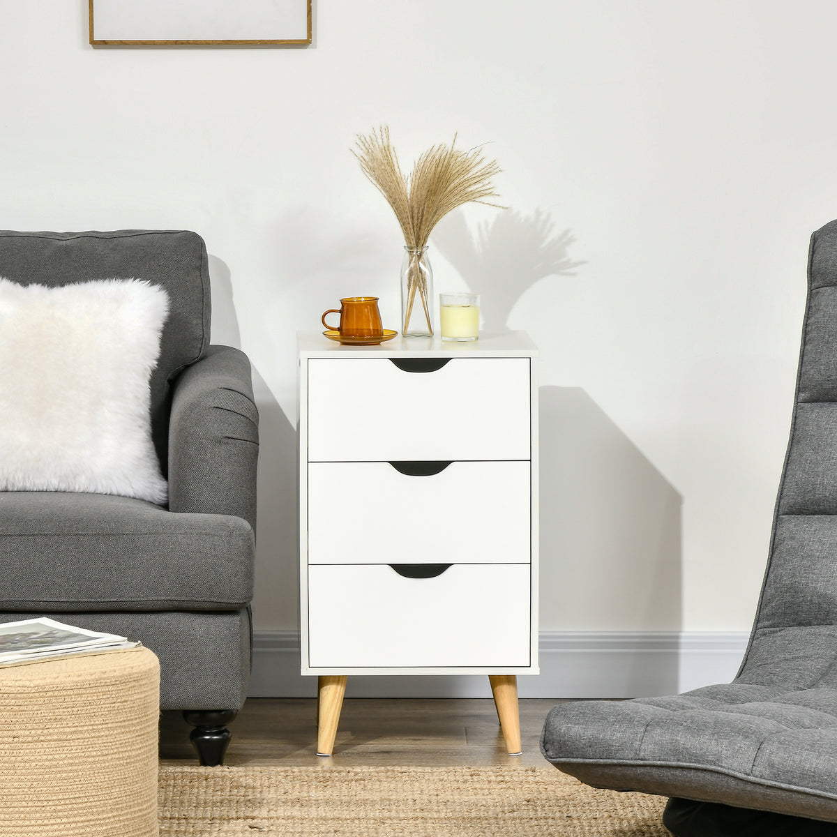 Modern White Nightstand - 3 Drawers with Wood Legs-Home Furnishings > Bedroom Furniture > Bedside Tables-DECOROLALA