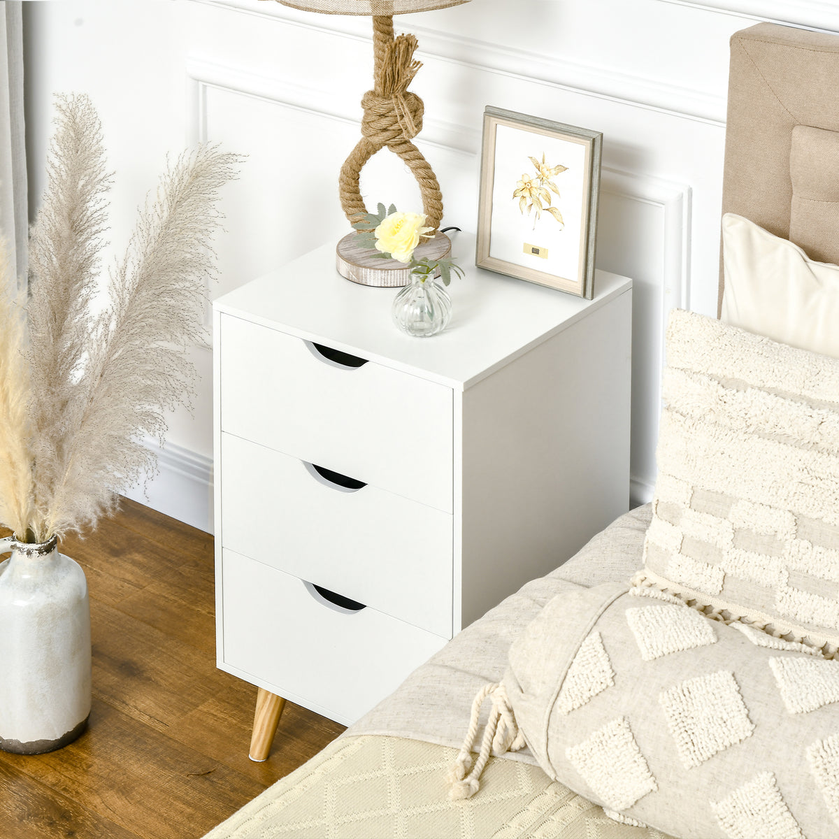 Modern White Nightstand - 3 Drawers with Wood Legs-Home Furnishings > Bedroom Furniture > Bedside Tables-DECOROLALA