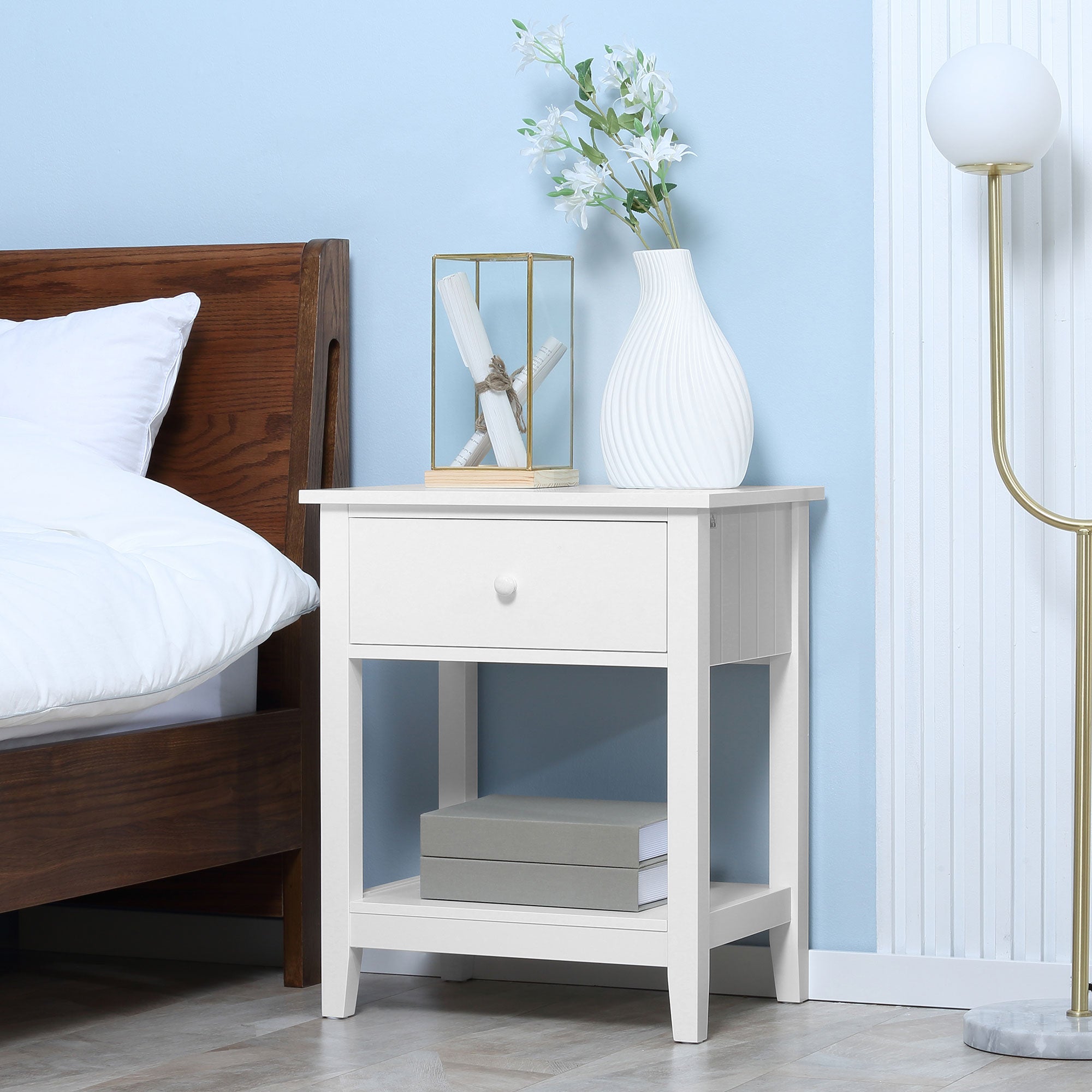 Modern White Nightstand - Side Table with Drawer and Shelf-Home Furnishings > Living Room Furniture > Side¬†Tables-DECOROLALA