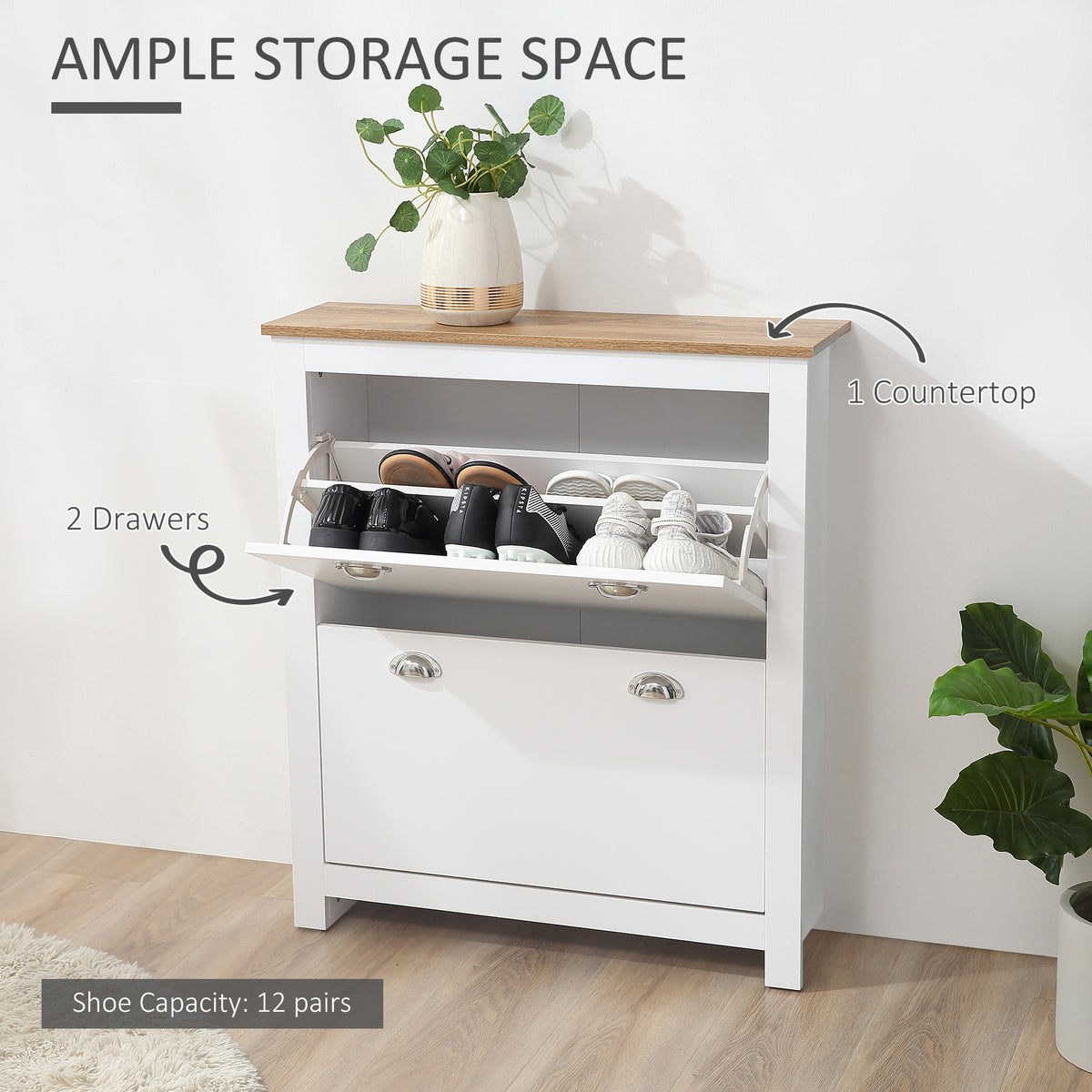 Modern White Shoe Cabinet - 2 Flip Drawers, 12 Pair Capacity-Home Furnishings > Storage & Organization > Shoe Storage Cabinets & Racks-DECOROLALA