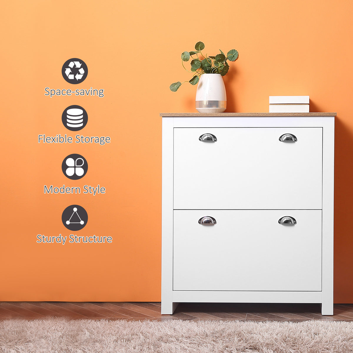 Modern White Shoe Cabinet - 2 Flip Drawers, 12 Pair Capacity-Home Furnishings > Storage & Organization > Shoe Storage Cabinets & Racks-DECOROLALA