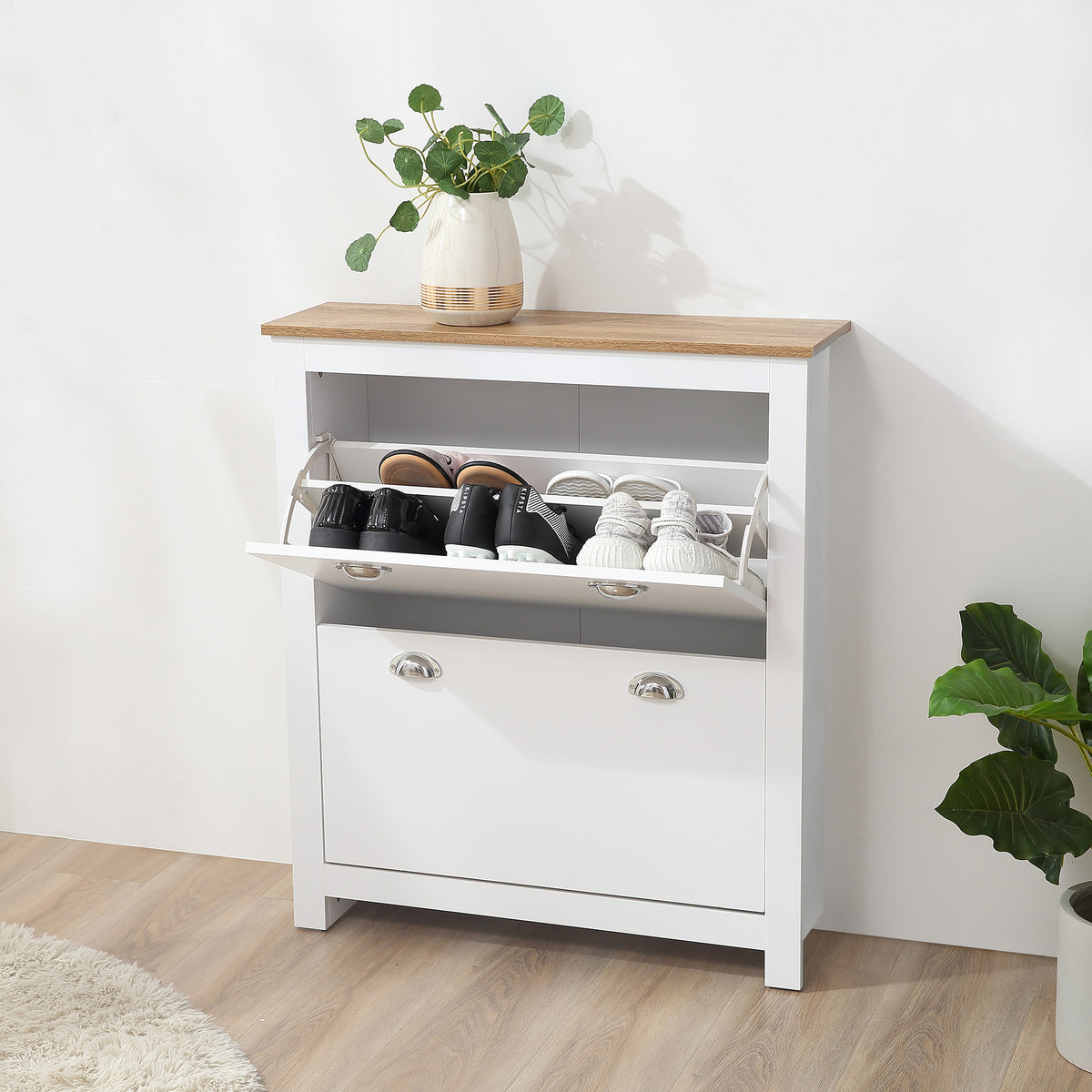 Modern White Shoe Cabinet - 2 Flip Drawers, 12 Pair Capacity-Home Furnishings > Storage & Organization > Shoe Storage Cabinets & Racks-DECOROLALA