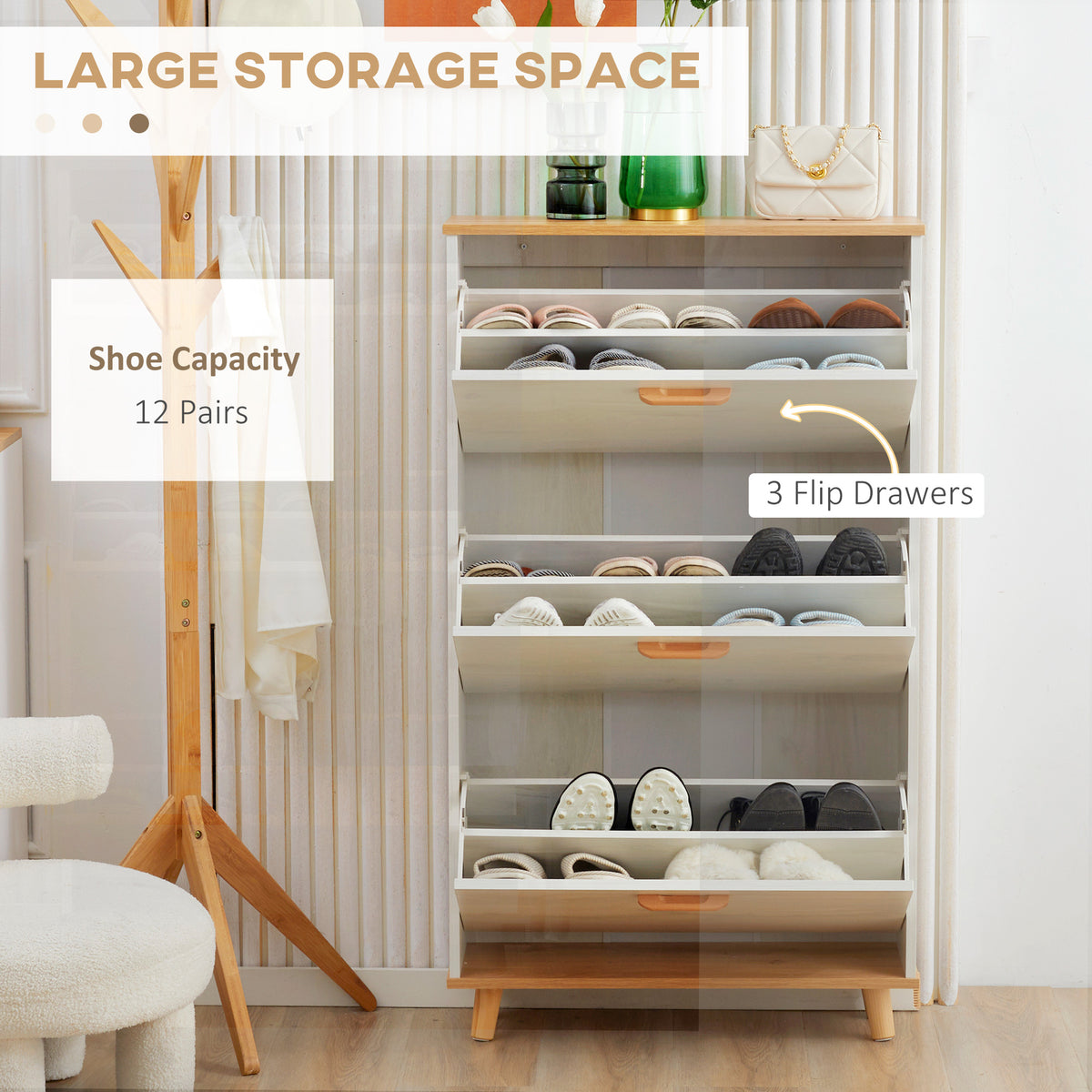 Modern White Shoe Cabinet - 3 Flip Drawers 12 Pair Capacity-Home Furnishings > Storage & Organization > Shoe Storage Cabinets & Racks-DECOROLALA