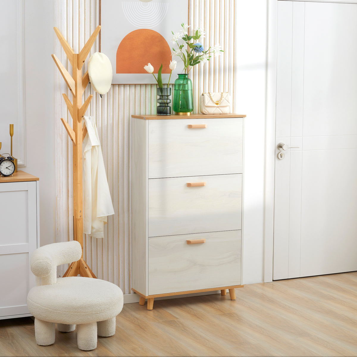 Modern White Shoe Cabinet - 3 Flip Drawers 12 Pair Capacity-Home Furnishings > Storage & Organization > Shoe Storage Cabinets & Racks-DECOROLALA