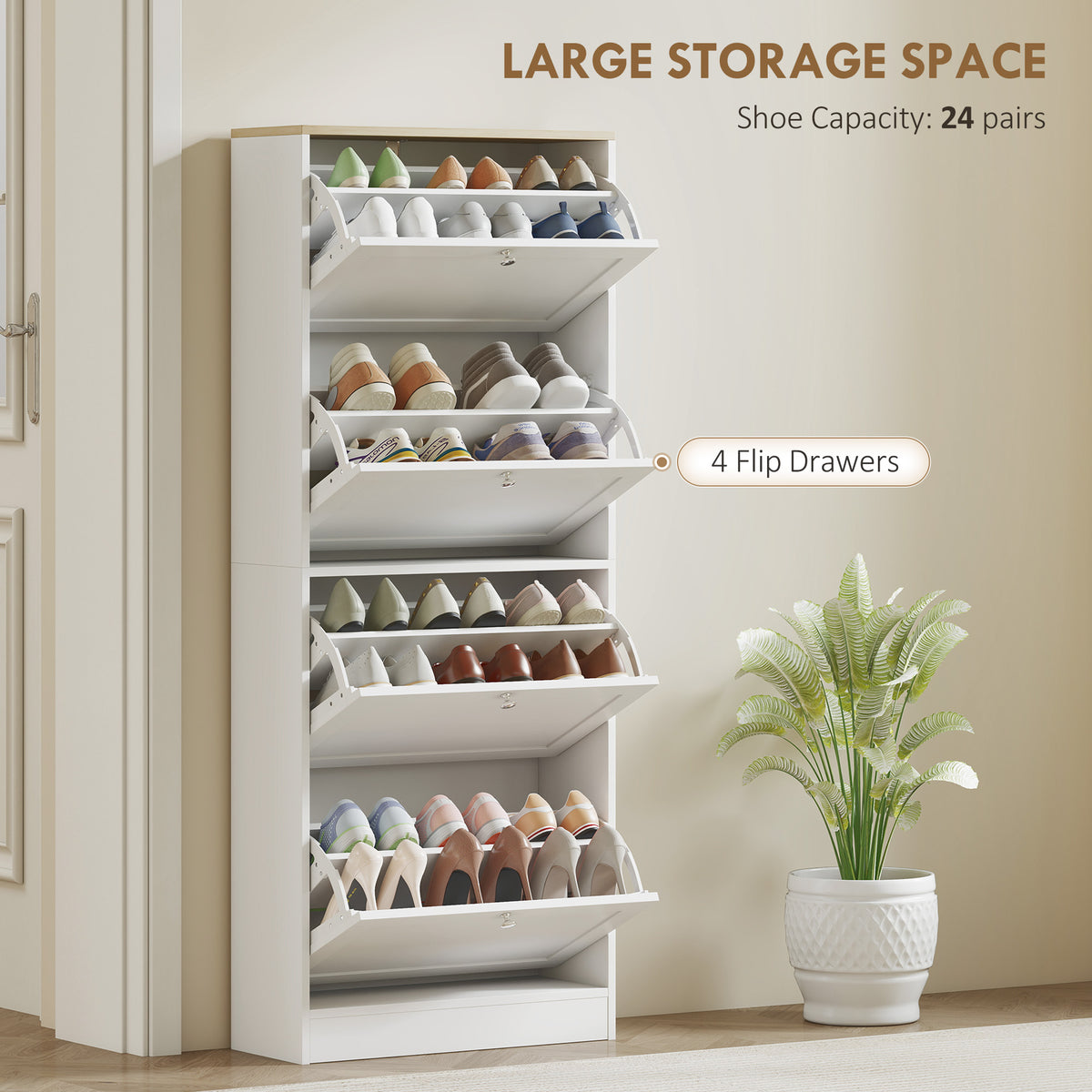 Modern White Shoe Cabinet - 4 Flip Drawers 24 Pairs-Home Furnishings > Storage & Organization > Shoe Storage Cabinets & Racks-DECOROLALA