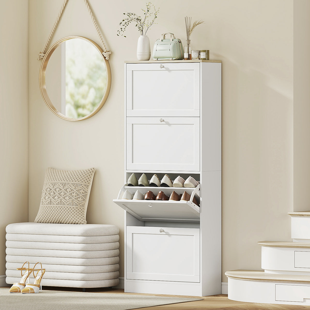 Modern White Shoe Cabinet - 4 Flip Drawers 24 Pairs-Home Furnishings > Storage & Organization > Shoe Storage Cabinets & Racks-DECOROLALA