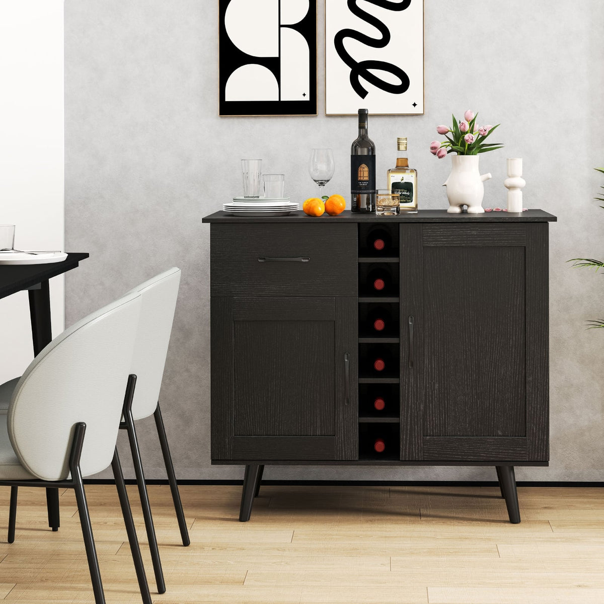 Modern Wine Bar Buffet Cabinet with 6-Bottle Wine Rack-Black-Sideboards & Buffets-DECOROLALA