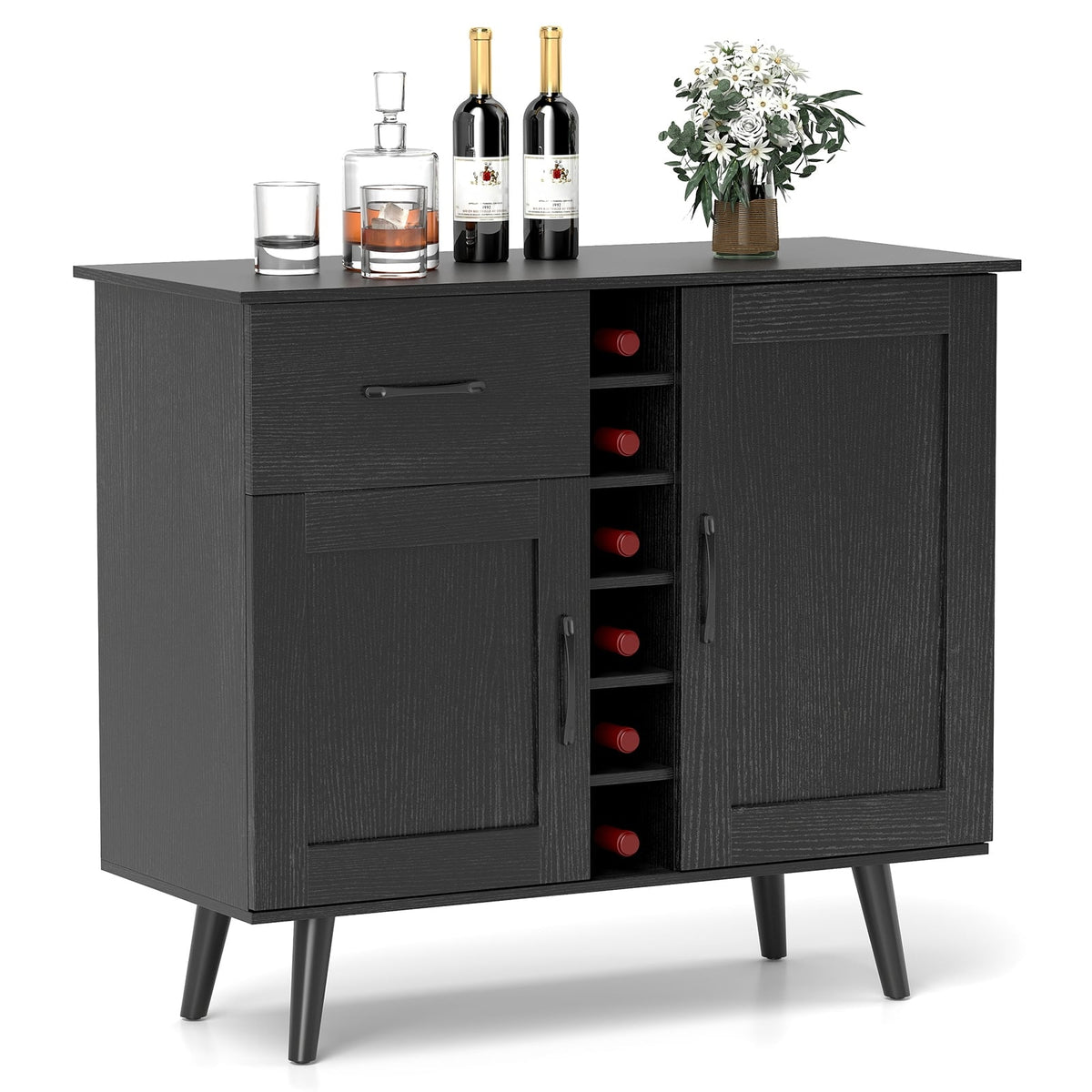 Modern Wine Bar Buffet Cabinet with 6-Bottle Wine Rack-Black-Sideboards & Buffets-DECOROLALA