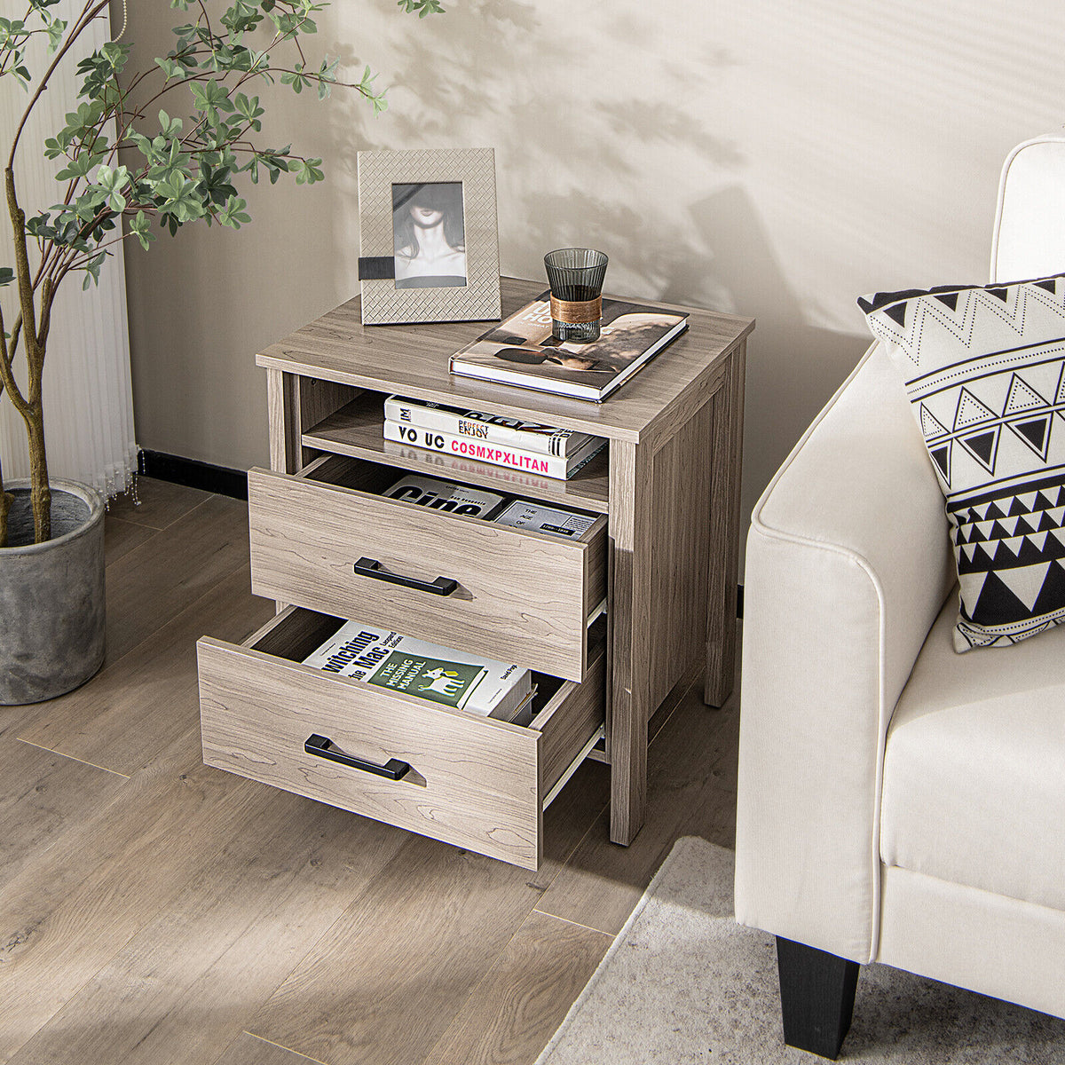 Modern Wood Grain Nightstand with Cable Hole and Open Compartment-Natural-Nightstands-DECOROLALA