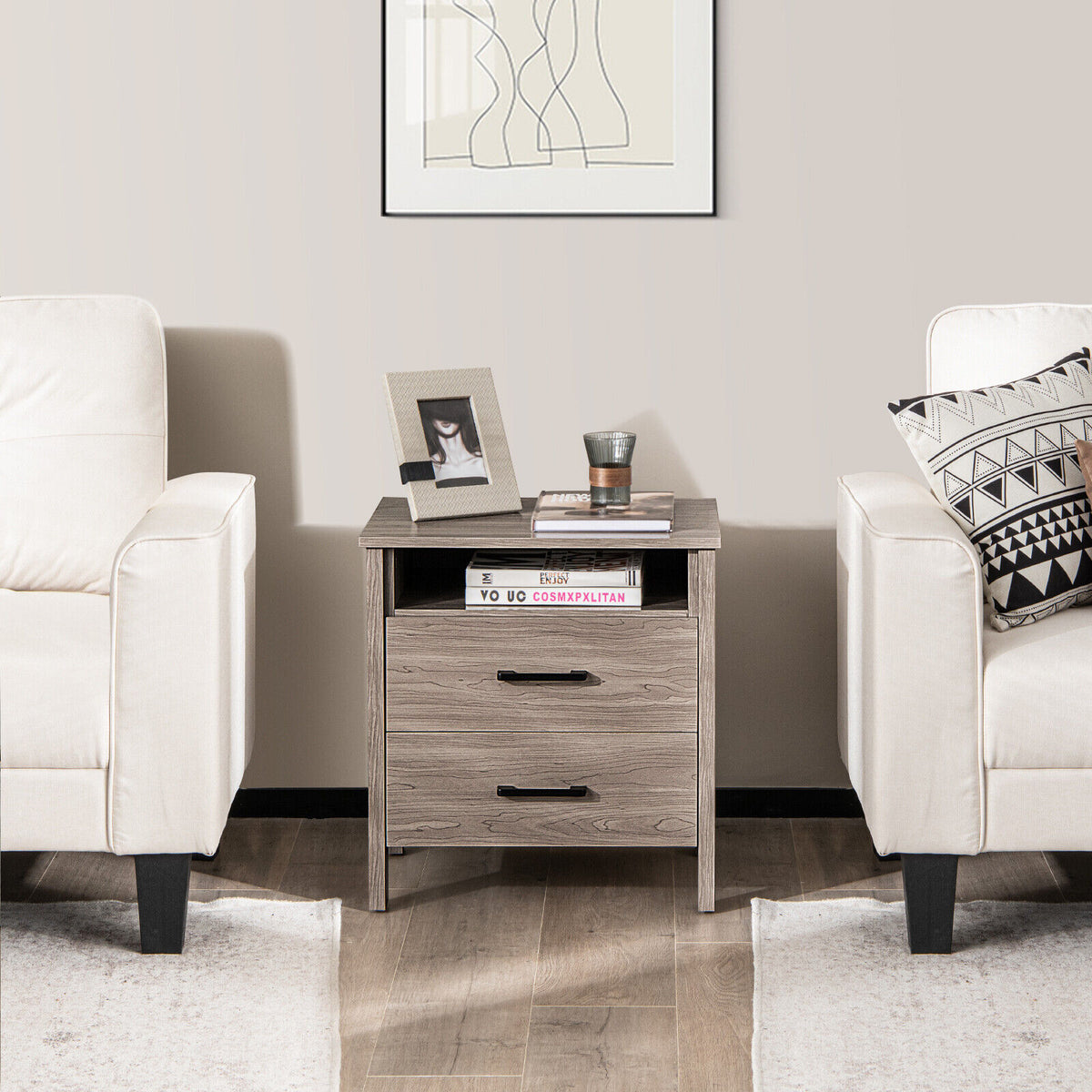Modern Wood Grain Nightstand with Cable Hole and Open Compartment-Natural-Nightstands-DECOROLALA