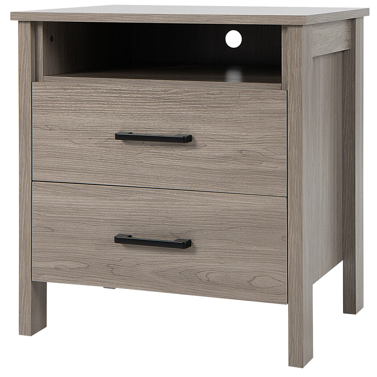 Modern Wood Grain Nightstand with Cable Hole and Open Compartment-Natural-Nightstands-DECOROLALA
