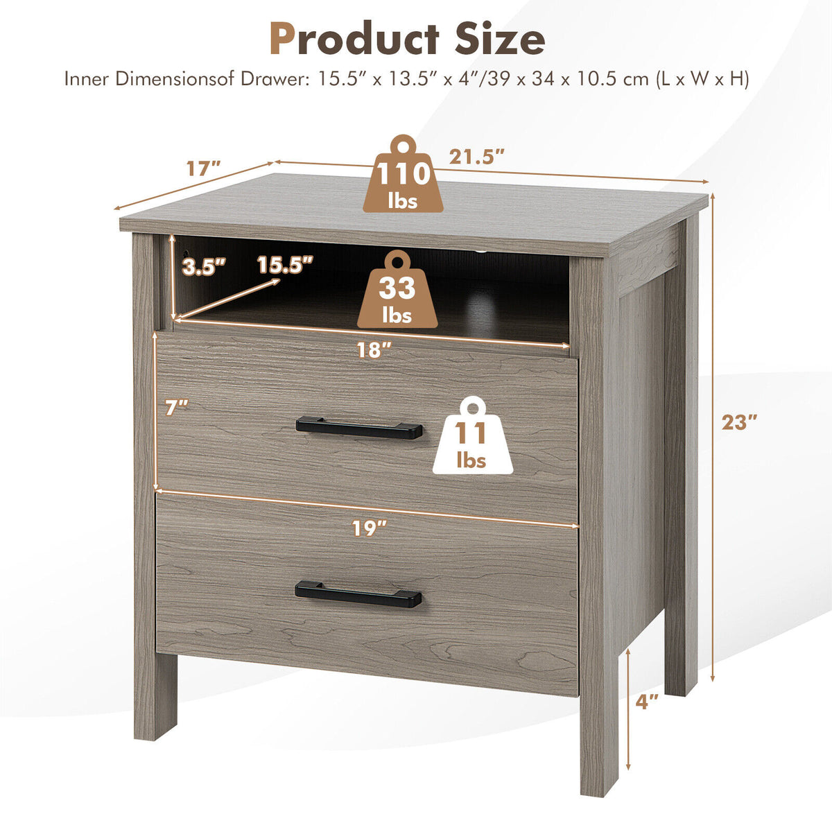 Modern Wood Grain Nightstand with Cable Hole and Open Compartment-Natural-Nightstands-DECOROLALA