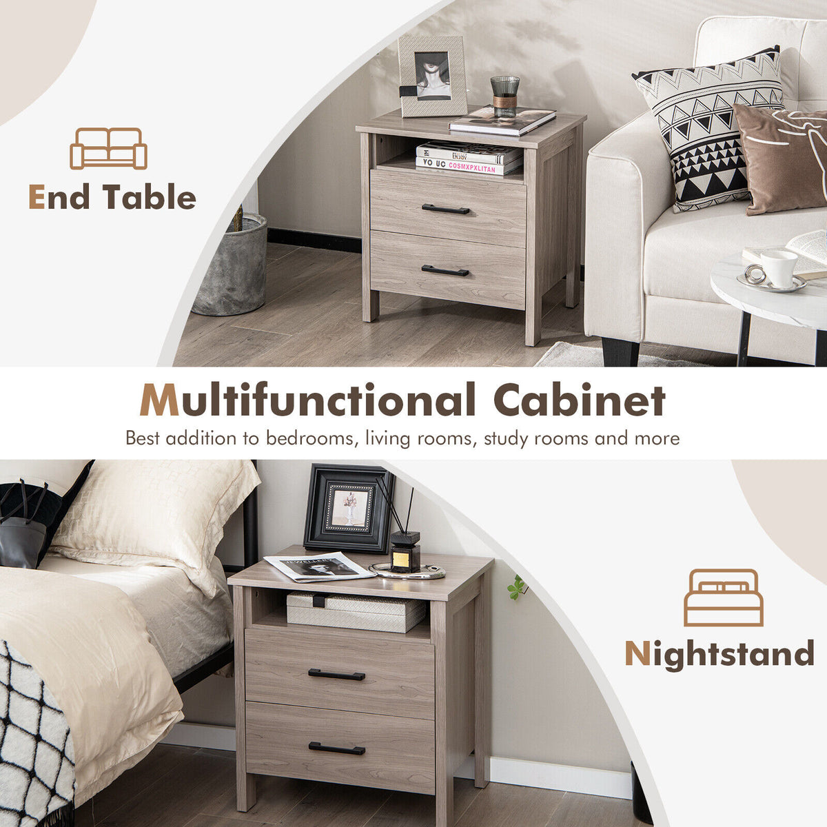 Modern Wood Grain Nightstand with Cable Hole and Open Compartment-Natural-Nightstands-DECOROLALA