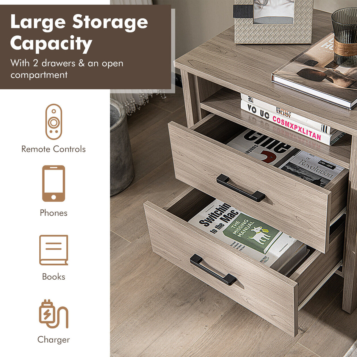 Modern Wood Grain Nightstand with Cable Hole and Open Compartment-Natural-Nightstands-DECOROLALA