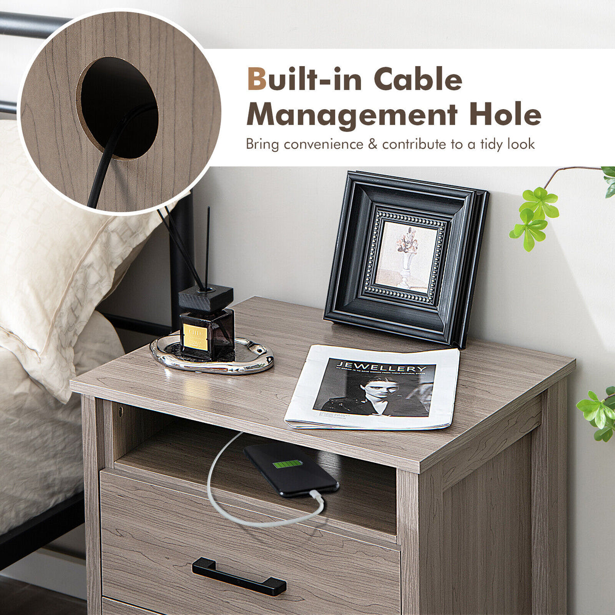 Modern Wood Grain Nightstand with Cable Hole and Open Compartment-Natural-Nightstands-DECOROLALA