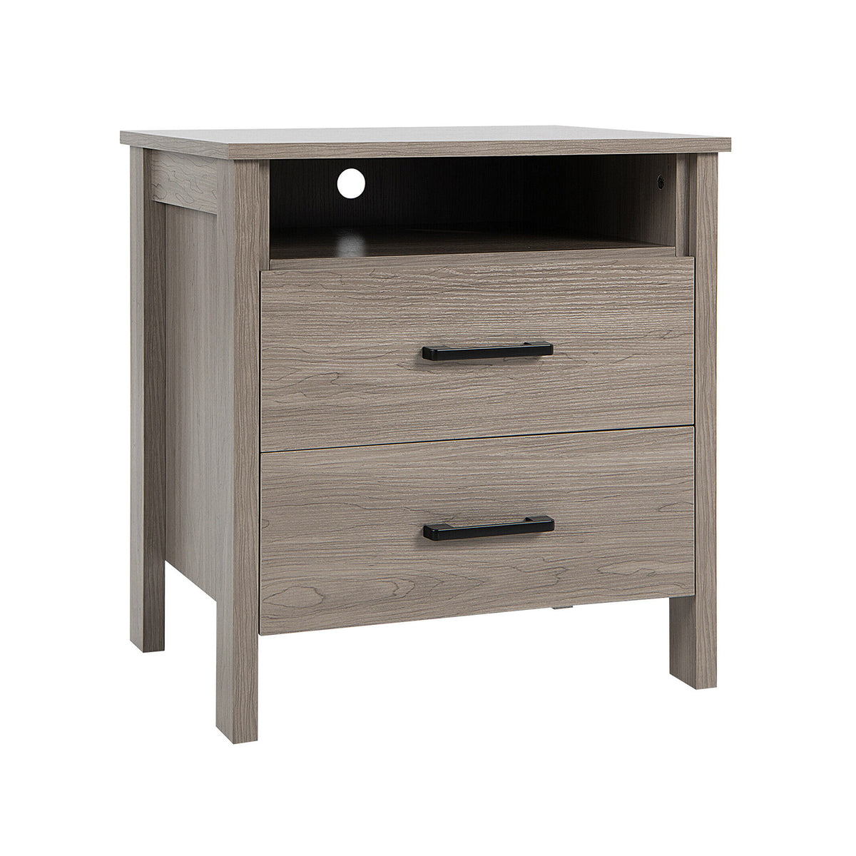 Modern Wood Grain Nightstand with Cable Hole and Open Compartment-Natural-Nightstands-DECOROLALA