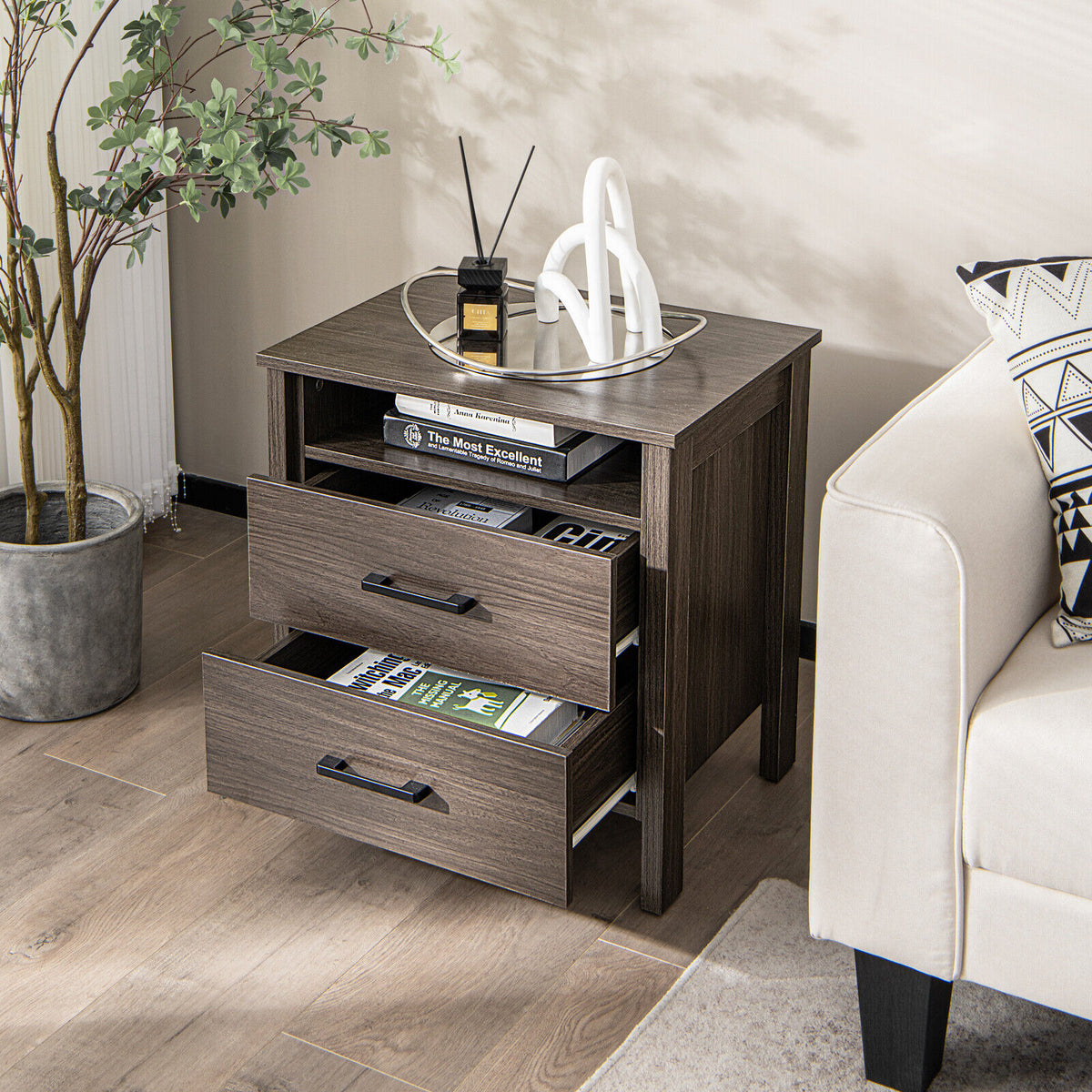 Modern Wood Grain Nightstand with Cable Hole and Open Compartment-Walnut-Nightstands-DECOROLALA