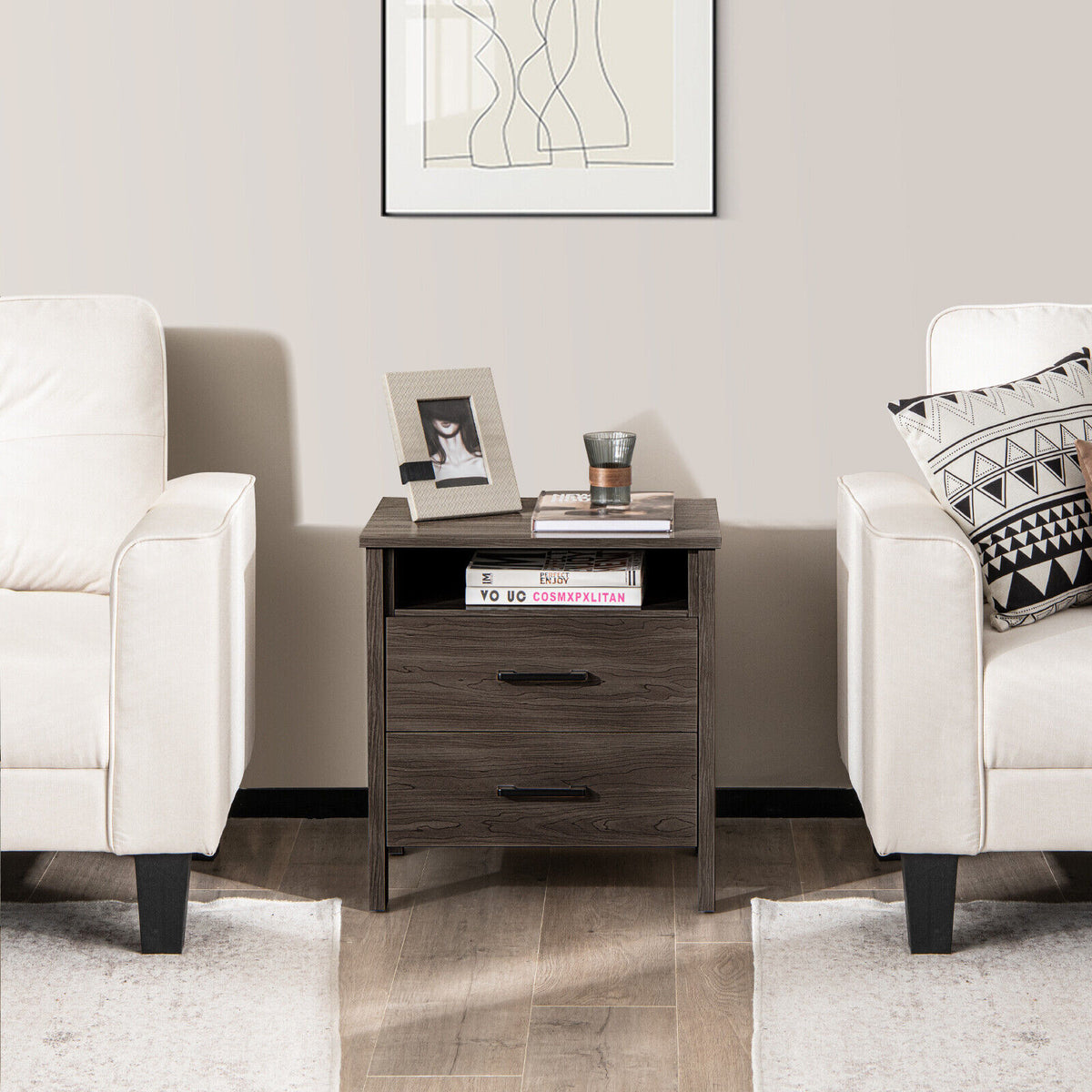 Modern Wood Grain Nightstand with Cable Hole and Open Compartment-Walnut-Nightstands-DECOROLALA