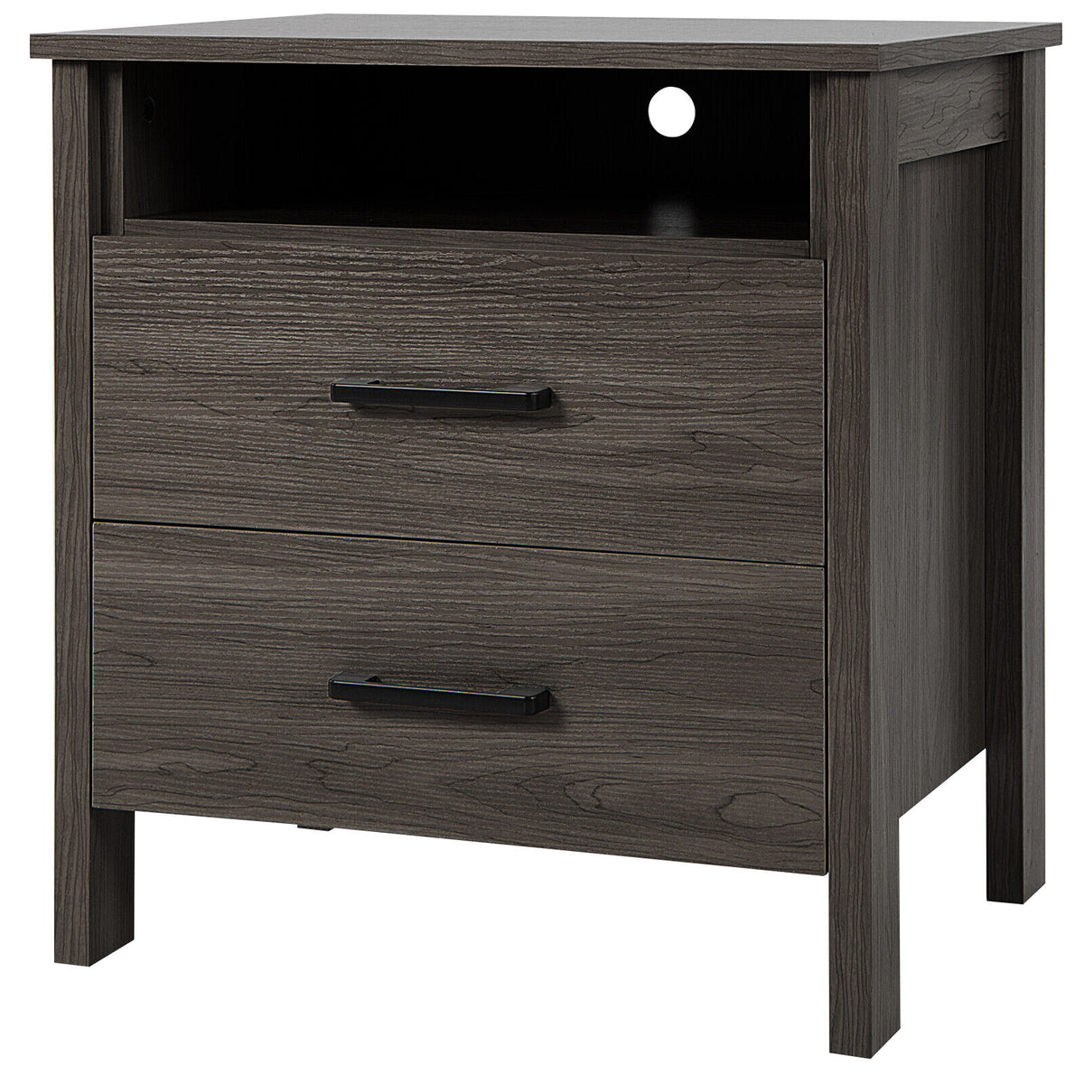 Modern Wood Grain Nightstand with Cable Hole and Open Compartment-Walnut-Nightstands-DECOROLALA