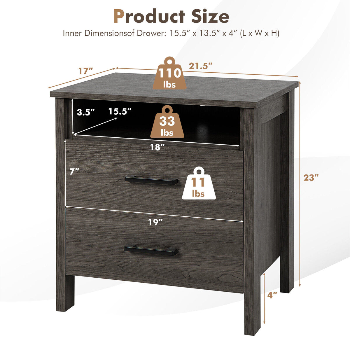 Modern Wood Grain Nightstand with Cable Hole and Open Compartment-Walnut-Nightstands-DECOROLALA