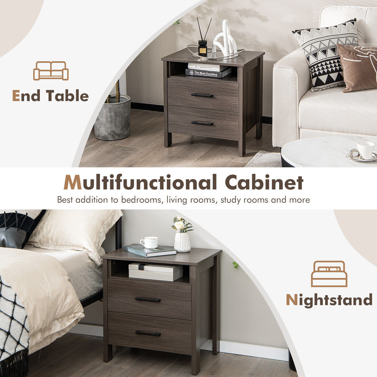 Modern Wood Grain Nightstand with Cable Hole and Open Compartment-Walnut-Nightstands-DECOROLALA