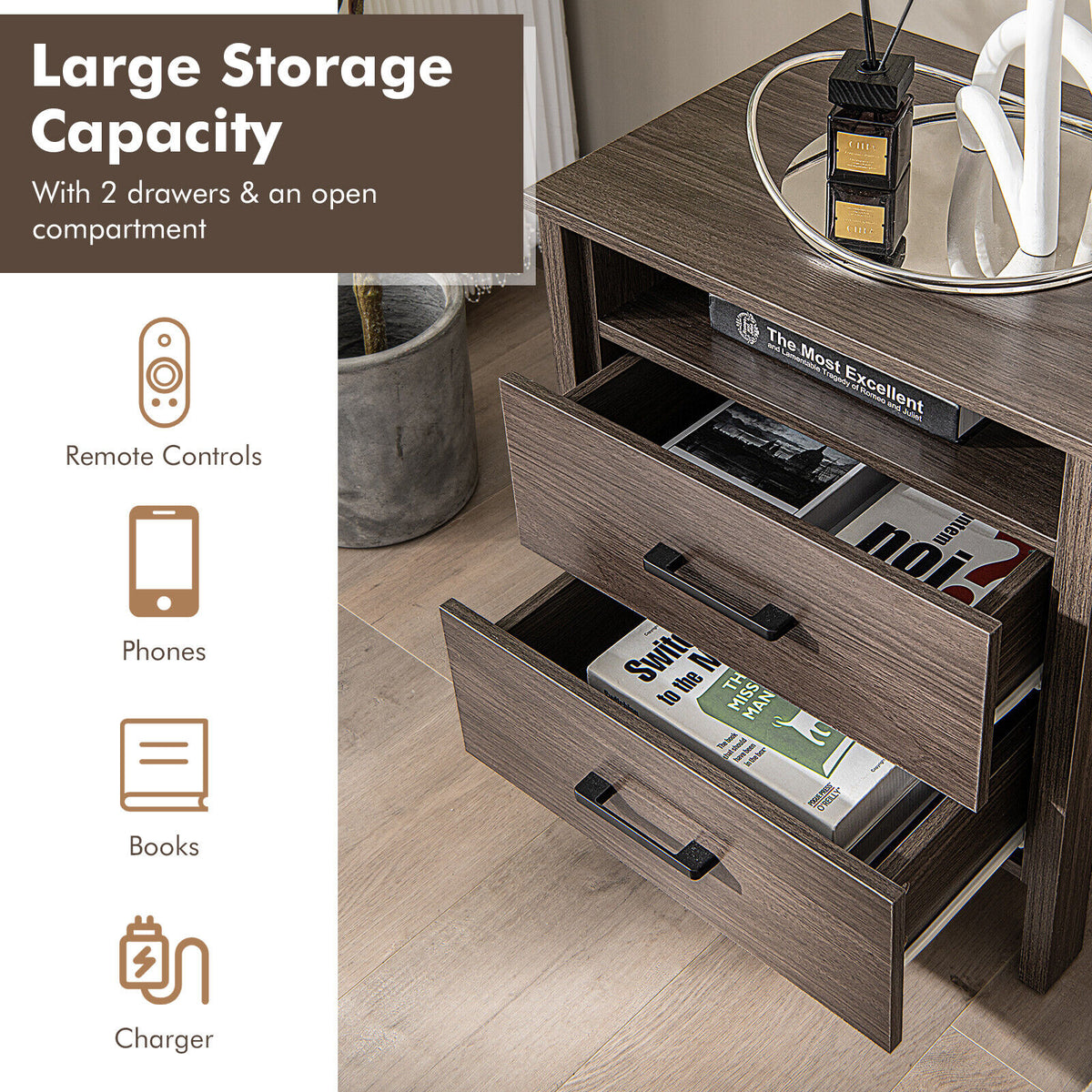 Modern Wood Grain Nightstand with Cable Hole and Open Compartment-Walnut-Nightstands-DECOROLALA