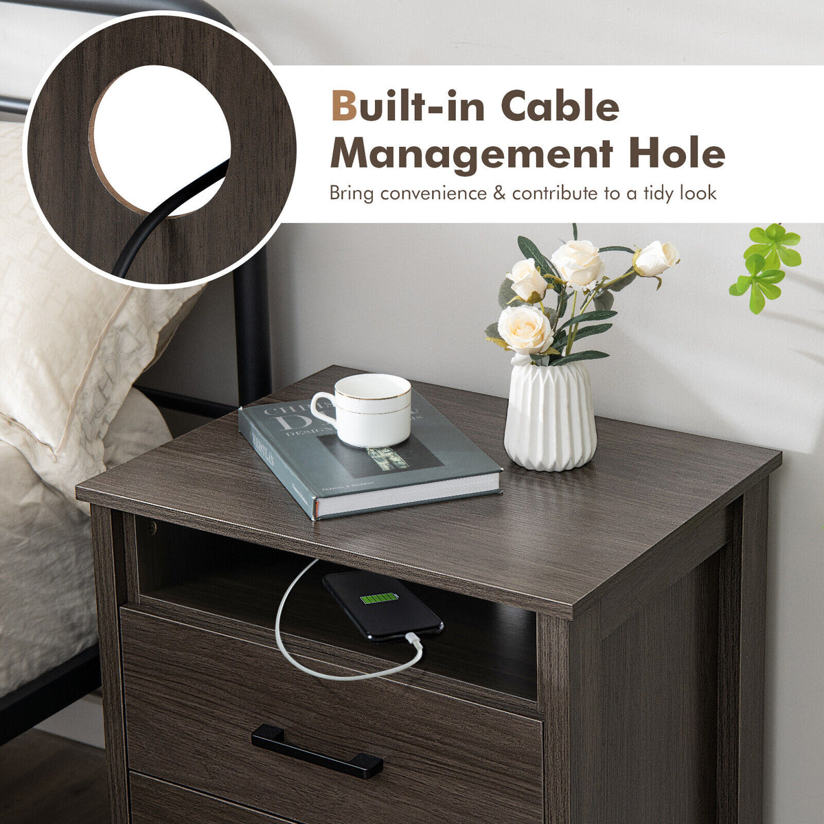 Modern Wood Grain Nightstand with Cable Hole and Open Compartment-Walnut-Nightstands-DECOROLALA