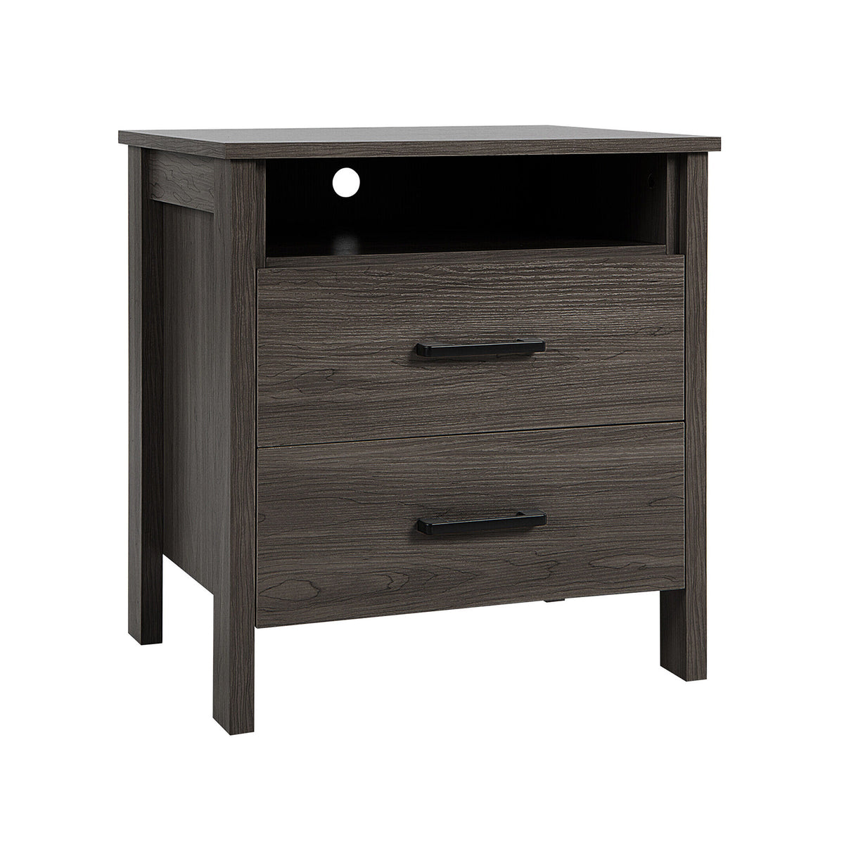 Modern Wood Grain Nightstand with Cable Hole and Open Compartment-Walnut-Nightstands-DECOROLALA