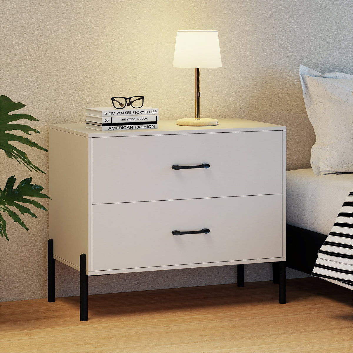 Modern Wooden 2-Drawer Nightstand with Metal Legs and Handles-White-Nightstands-DECOROLALA