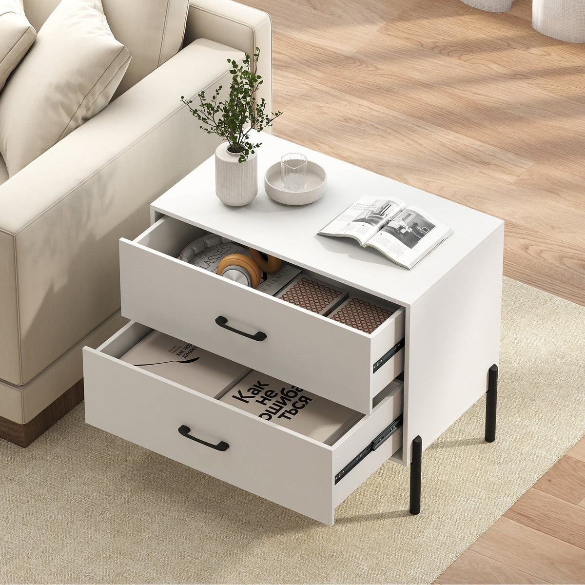 Modern Wooden 2-Drawer Nightstand with Metal Legs and Handles-White-Nightstands-DECOROLALA