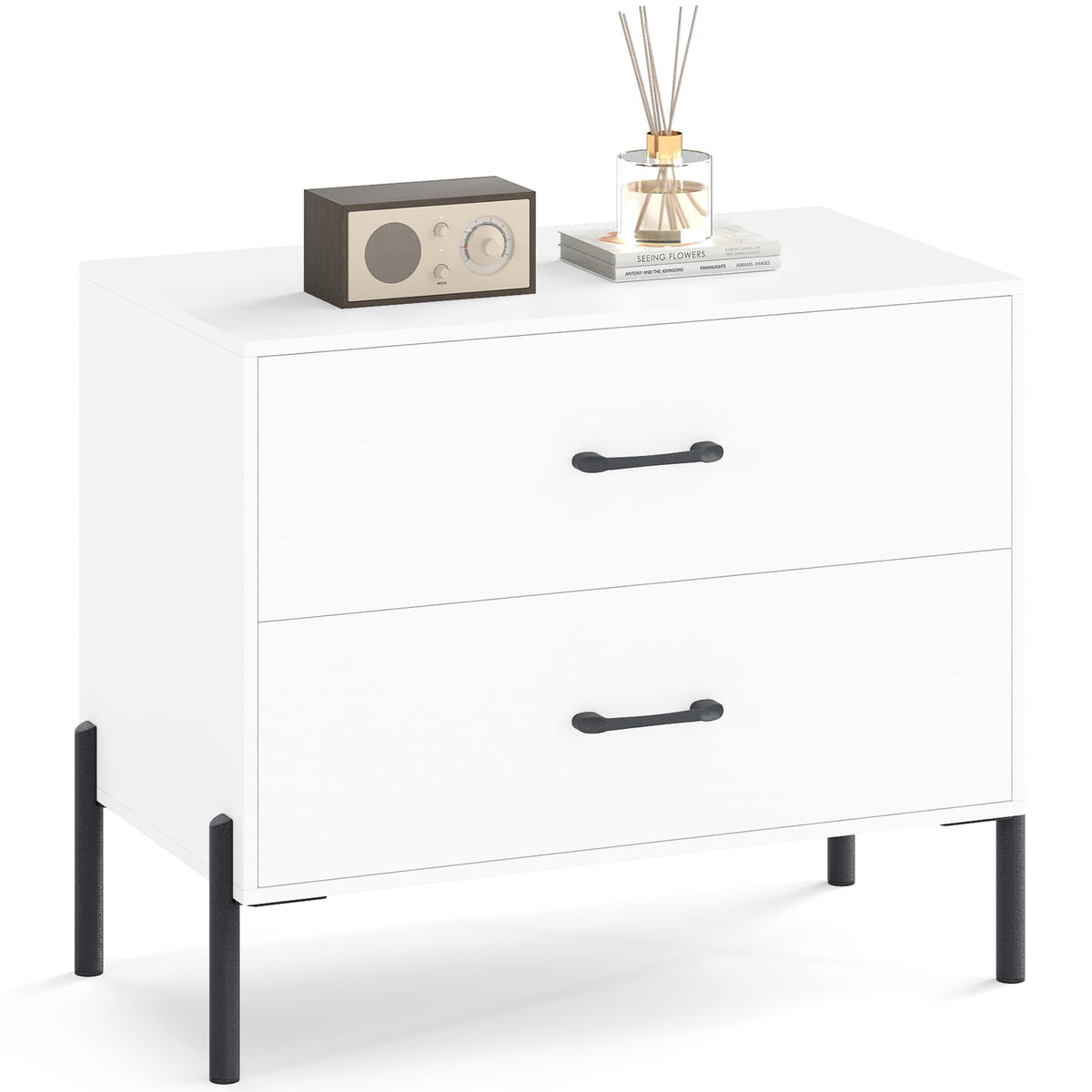 Modern Wooden 2-Drawer Nightstand with Metal Legs and Handles-White-Nightstands-DECOROLALA