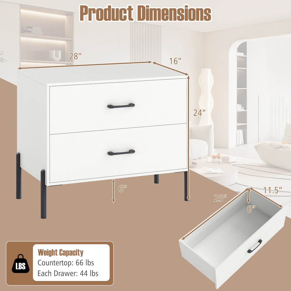 Modern Wooden 2-Drawer Nightstand with Metal Legs and Handles-White-Nightstands-DECOROLALA